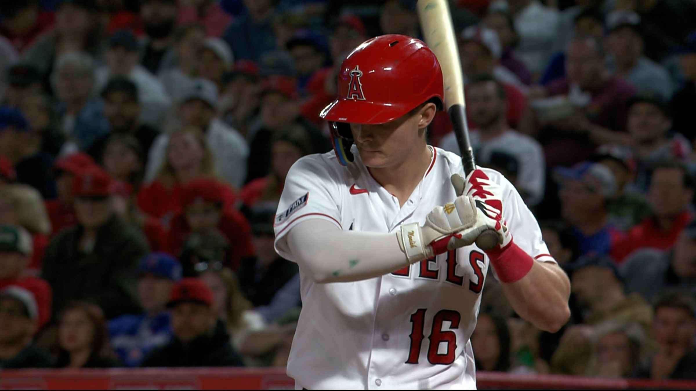 Los Angeles Angels center fielder Mike Trout (27) and right fielder Mickey  Moniak (16) celebrate after a 6-2 win over the Chicago Cubs in a baseball  game in Anaheim, Calif., Wednesday, June