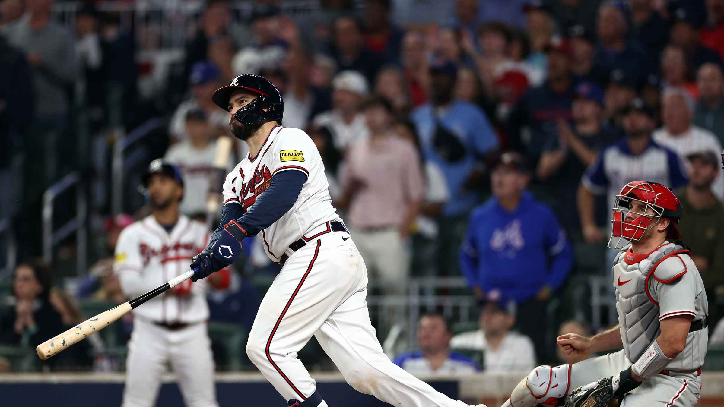 Los Angeles, United States. 20th Apr, 2022. Atlanta Braves' Travis d'Arnaud  hits a solo home run off starting pitcher Walker Buehler during the second  inning against the Los Angeles Dodgers at Dodger