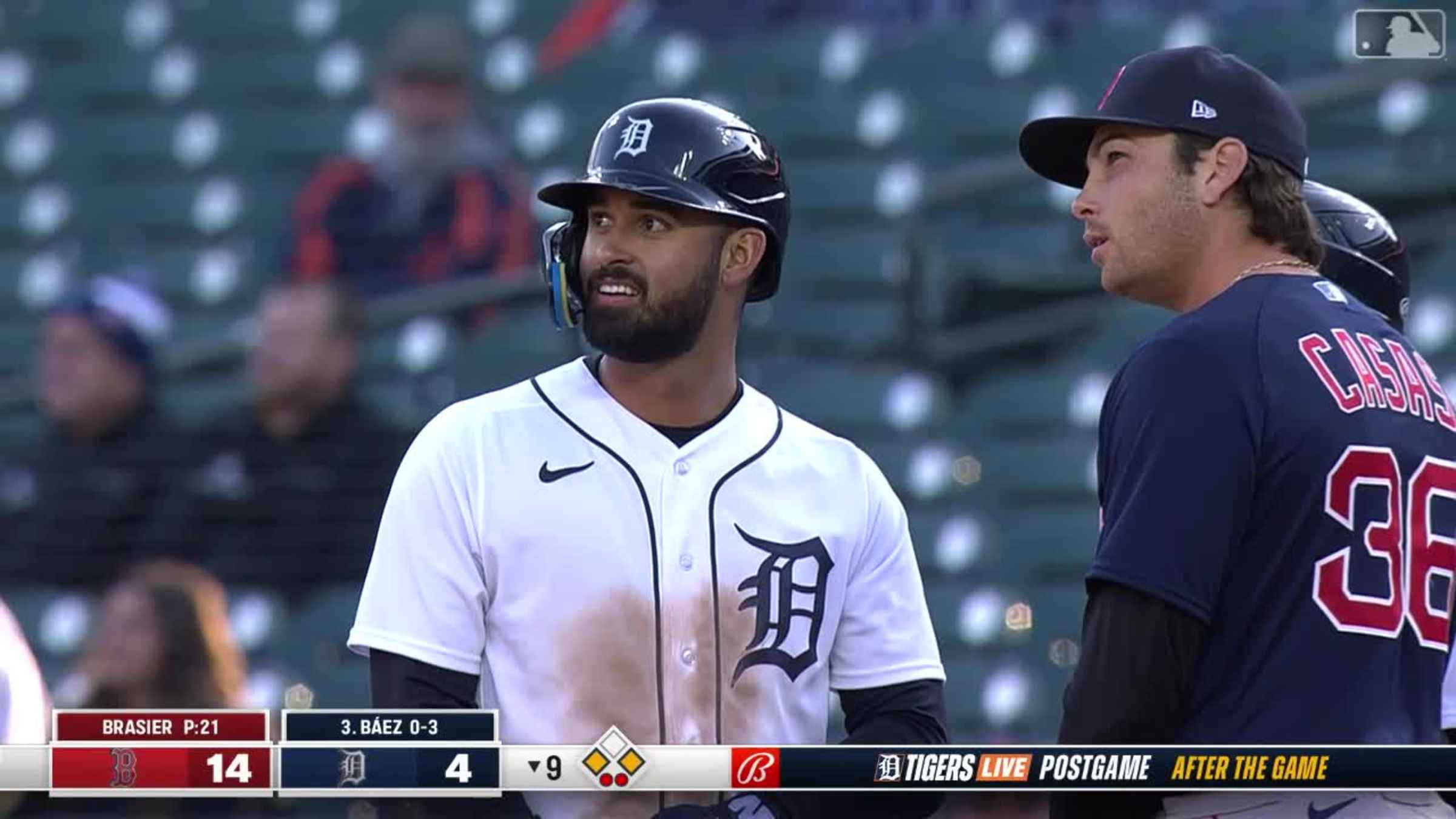 Riley Greene of the Detroit Tigers singles against the Tampa Bay