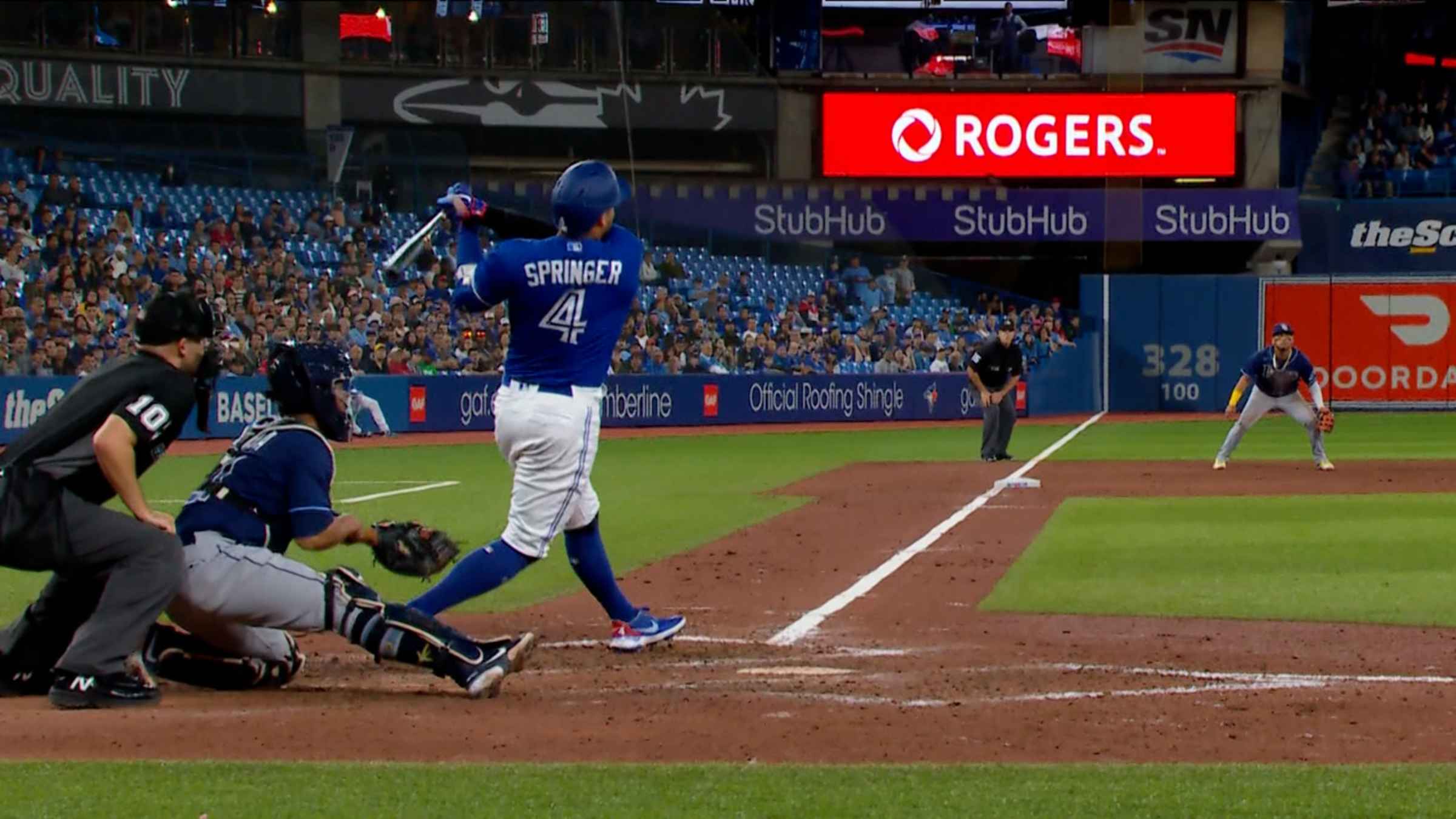 MILWAUKEE, WI - JUNE 26: Toronto Blue Jays outfielder George Springer (4)  at the plate during a game between the Milwaukee Brewers and Toronto Blue  Jays on June 26, 2022 at American