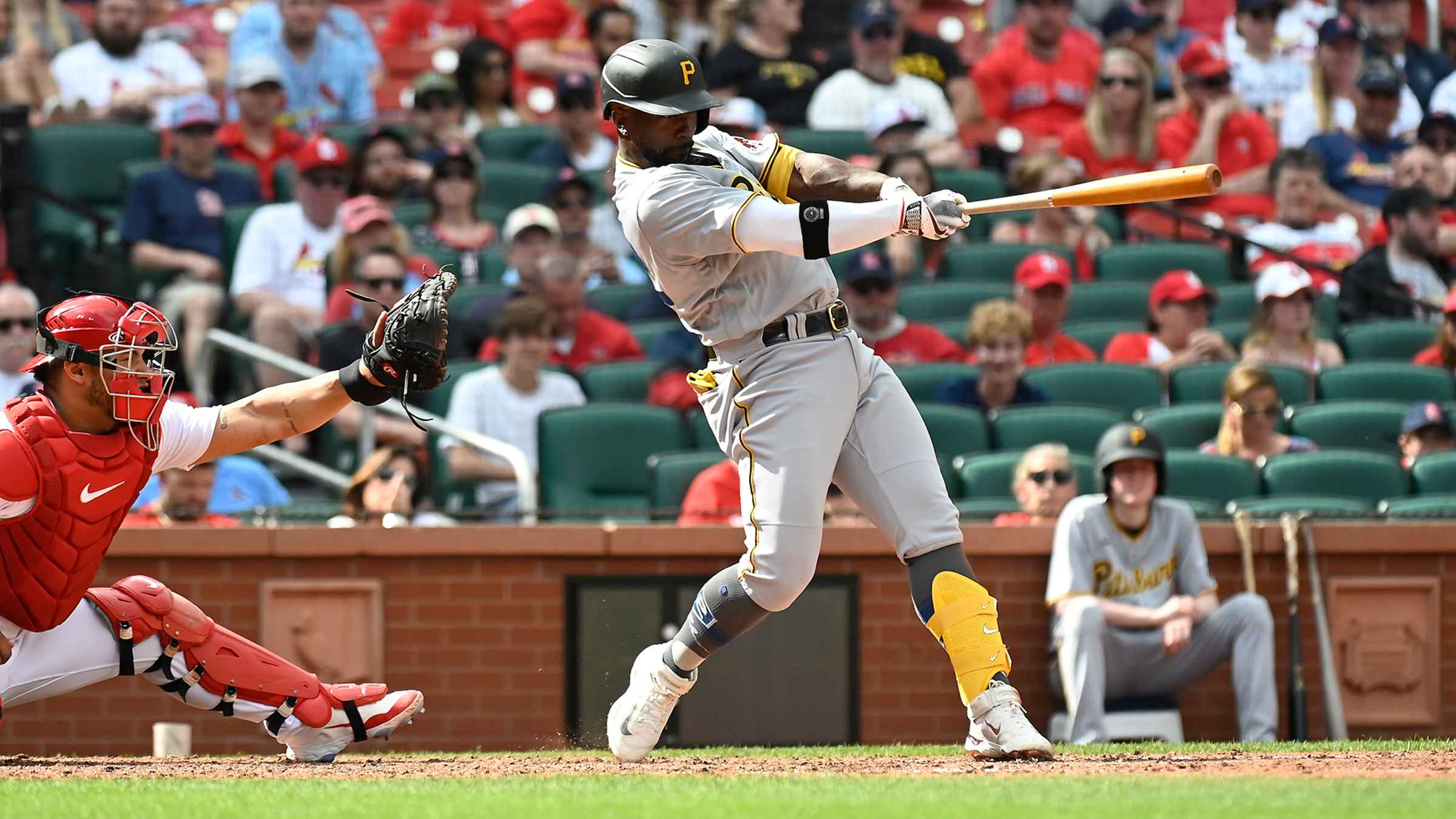 A photo of the ball wrapping around the bat of Andrew McCutchen of