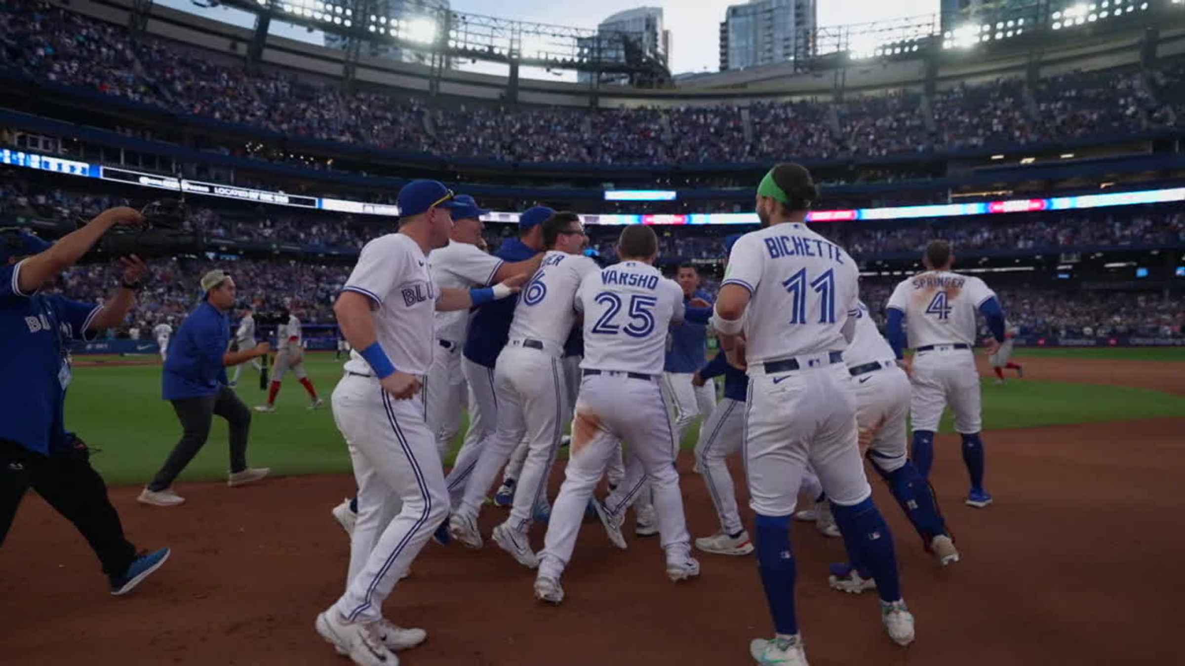 Toronto Blue Jays' Whit Merrifield follows through on a swing during the  first inning of a baseball game between the Baltimore Orioles and the  Toronto Blue Jays, Wednesday, Aug. 23, 2023, in