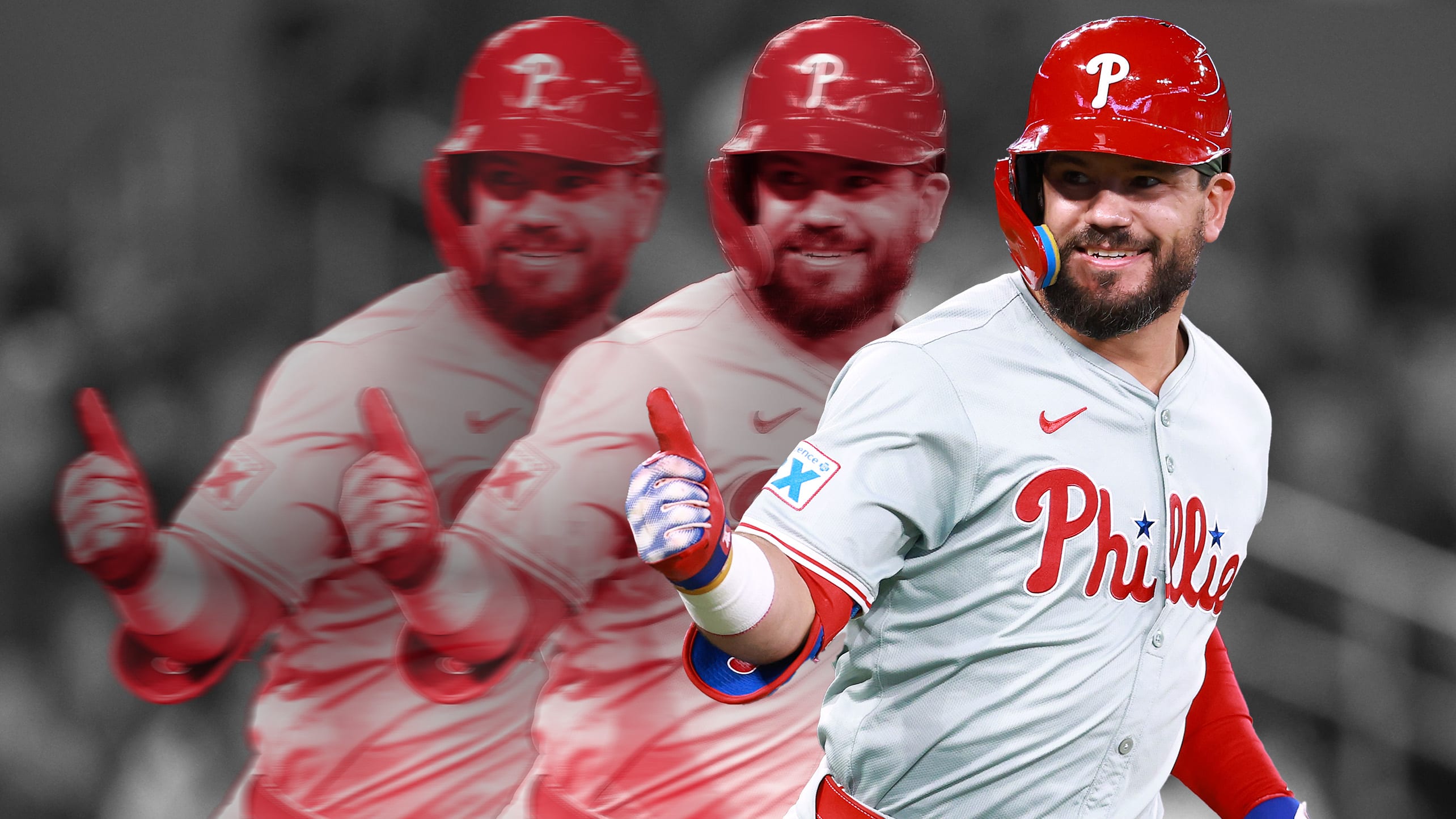 A photo illustration of Kyle Schwarber giving a thumbs-up in triplicate