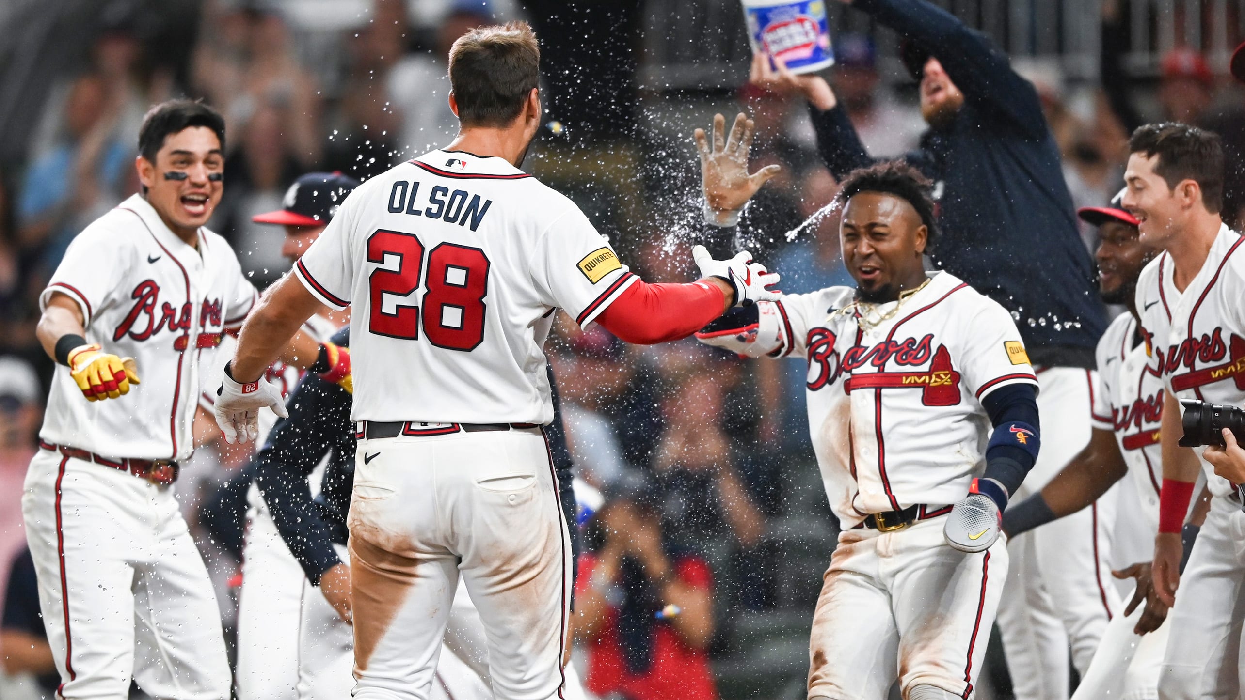 The Braves celebrate a walk-off win