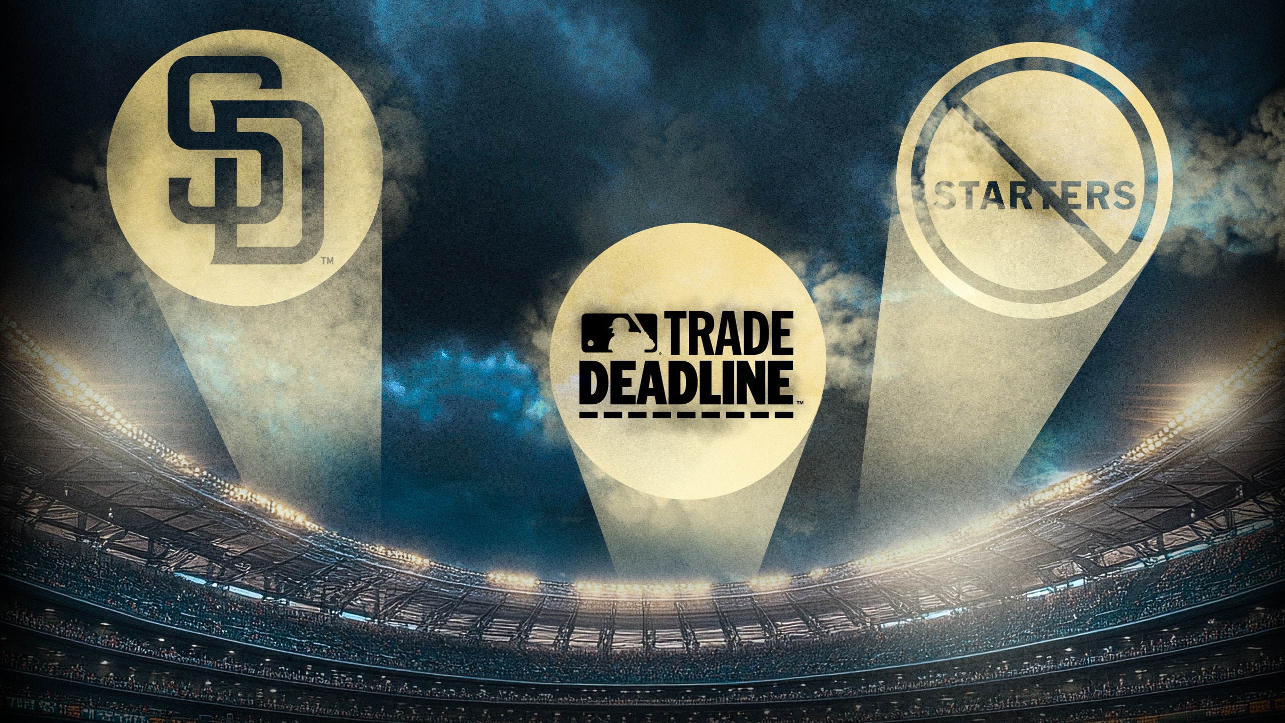 A designed image with spotlights featuring the Padres logo, Trade Deadline logo and the word starters crossed out