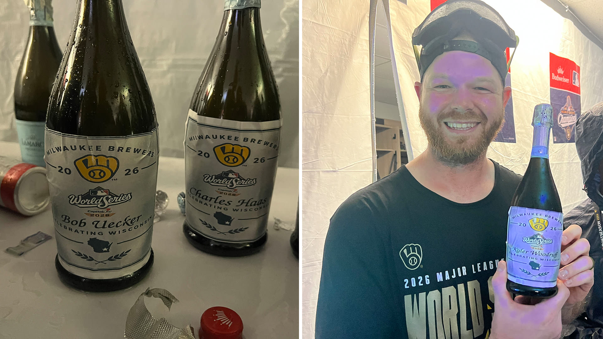 Champagne bottles with Bob Uecker's name on them, and Brandon Woodruff holding a bottle with his daughter's name on it