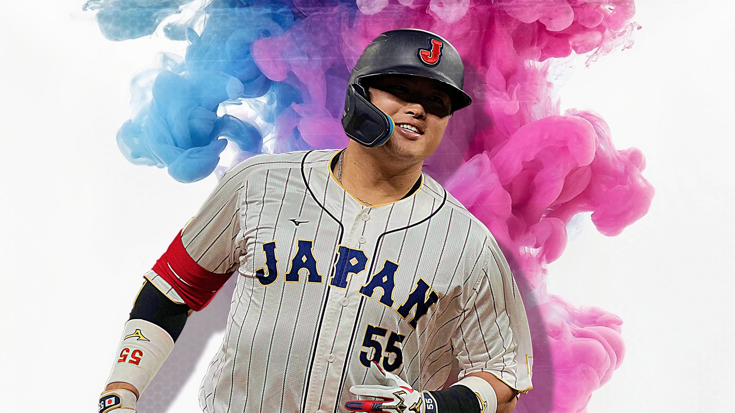 A designed image of Munetaka Murakami with multicolored smoke behind him