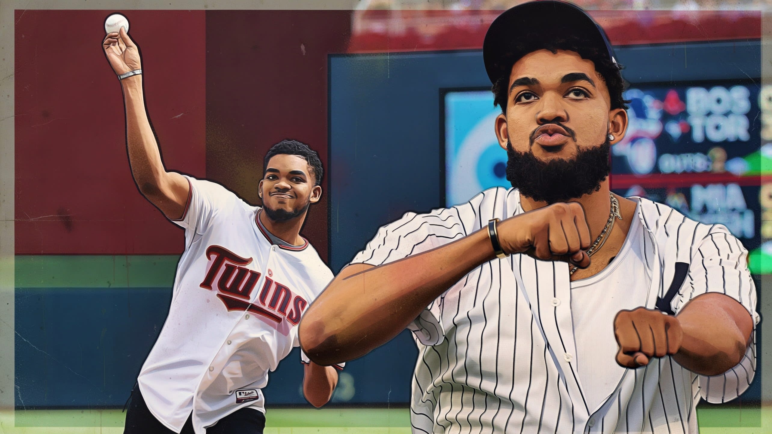 Images of Karl-Anthony Towns throwing a ceremonial first pitch and wearing a Yankees jersey