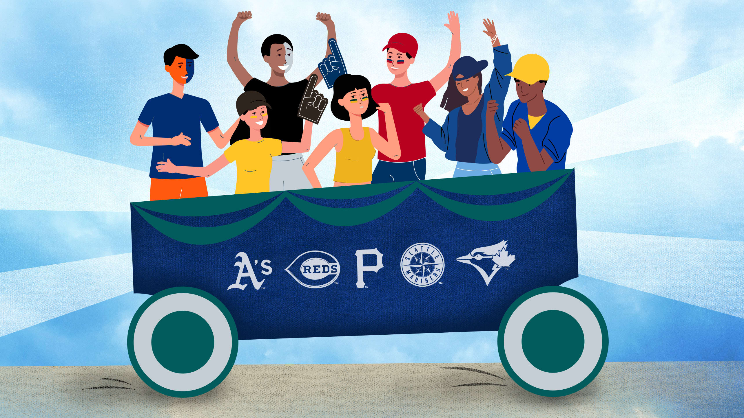 An illustration of a wagon carrying fans, with team logos on the side