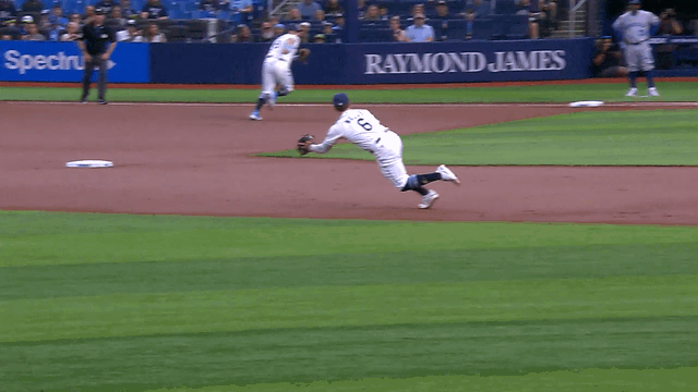 An animated gif of Taylor Walls making a diving stop and throw to first