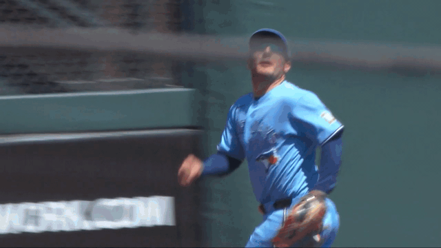 An animated gif of Daulton Varsho making a leaping catch and crashing into the outfield wall