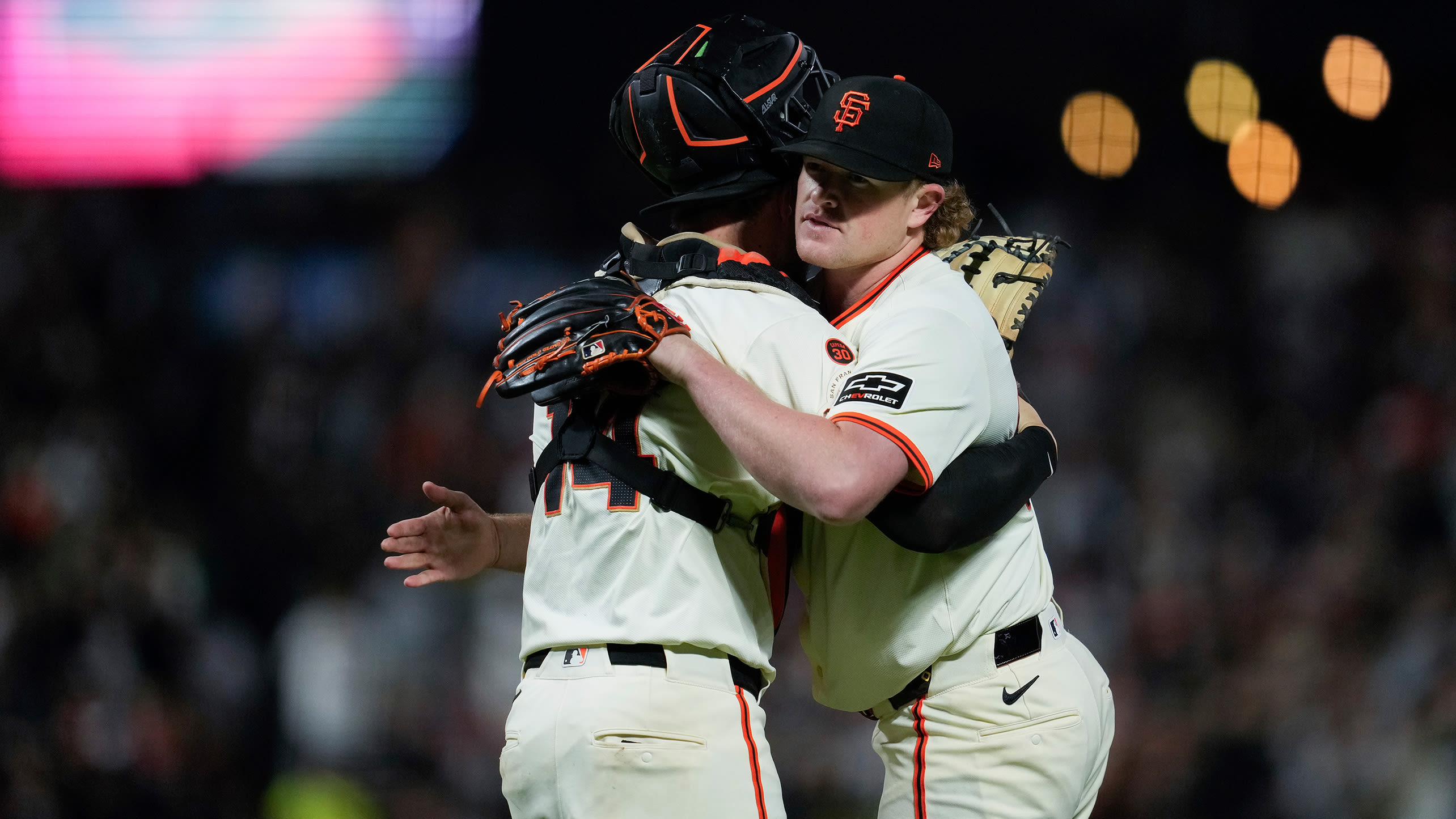 Patrick Bailey and Logan Webb embrace following Webb's shutout