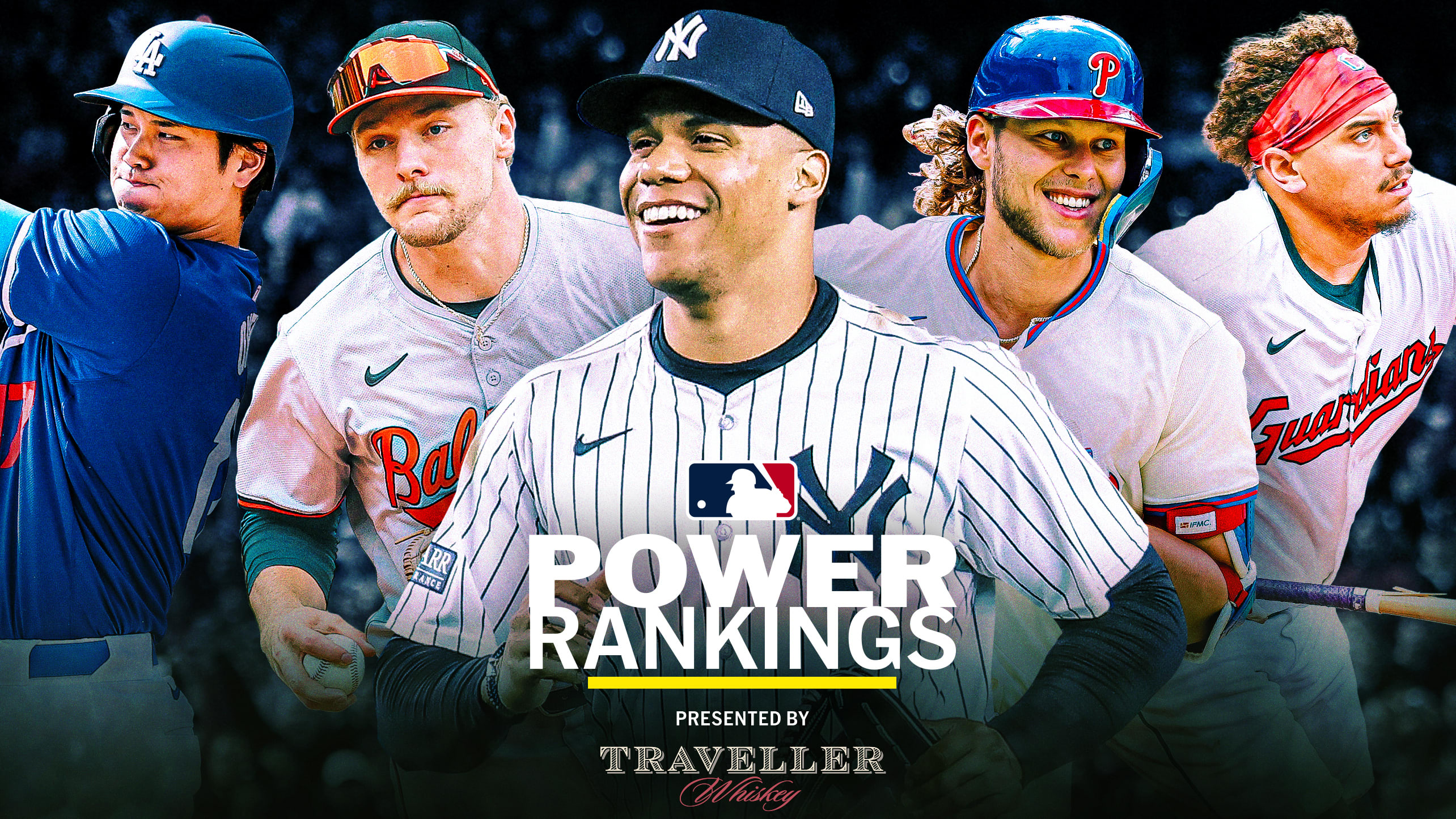 Shohei Ohtani, Gunnar Henderson, Juan Soto, Alec Bohm and Josh Naylor with the Power Rankings logo