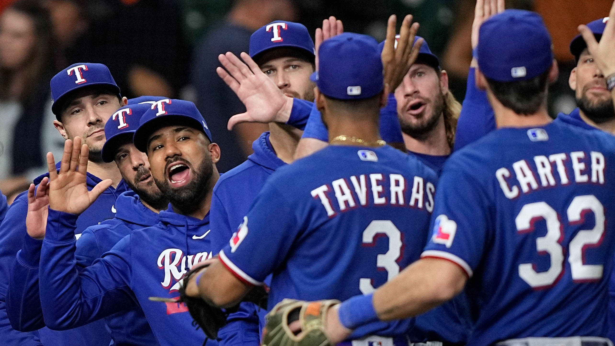 The Rangers celebrate their Game 1 win