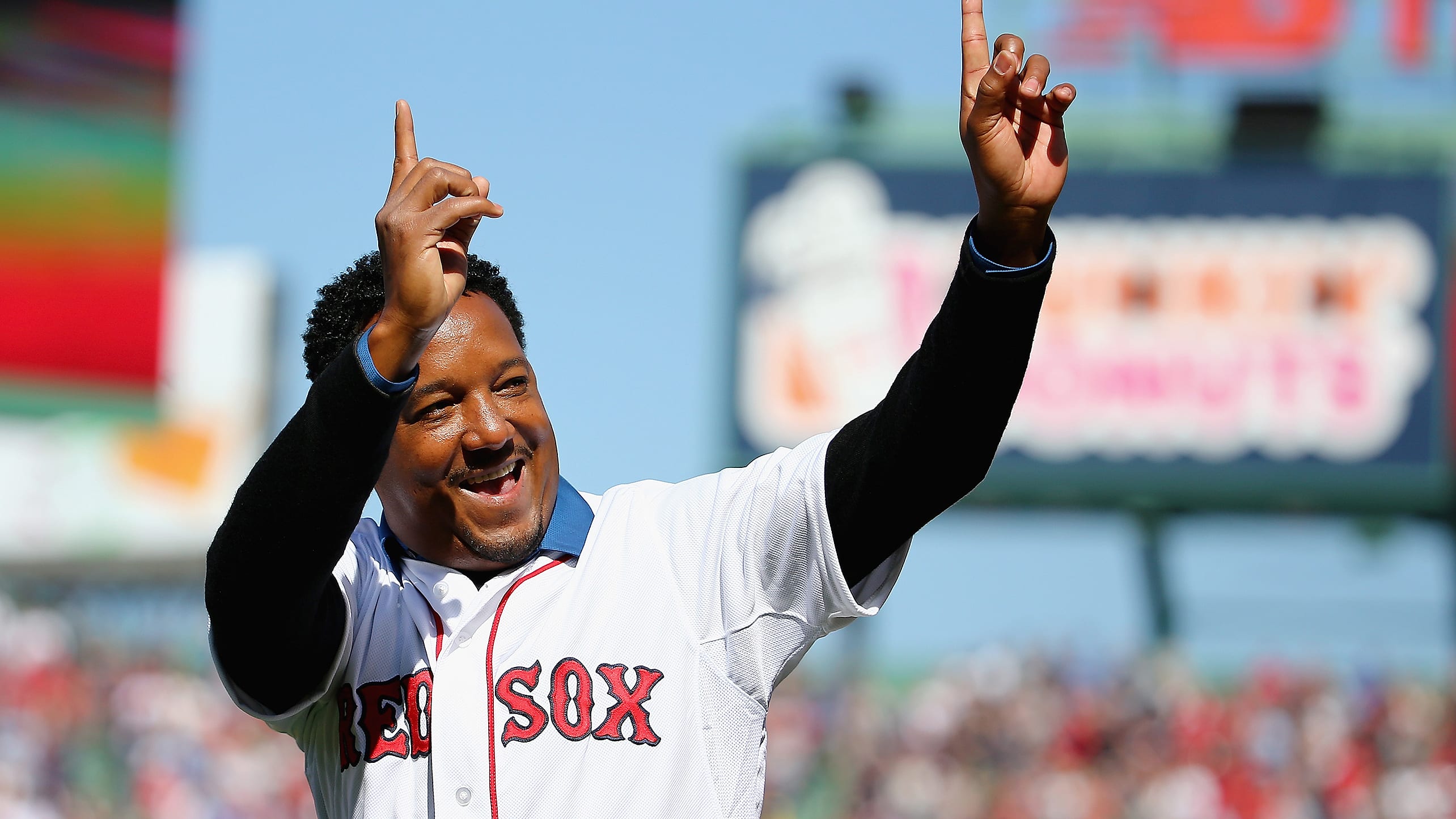 Pedro Martinez waves to the Fenway Park crowd