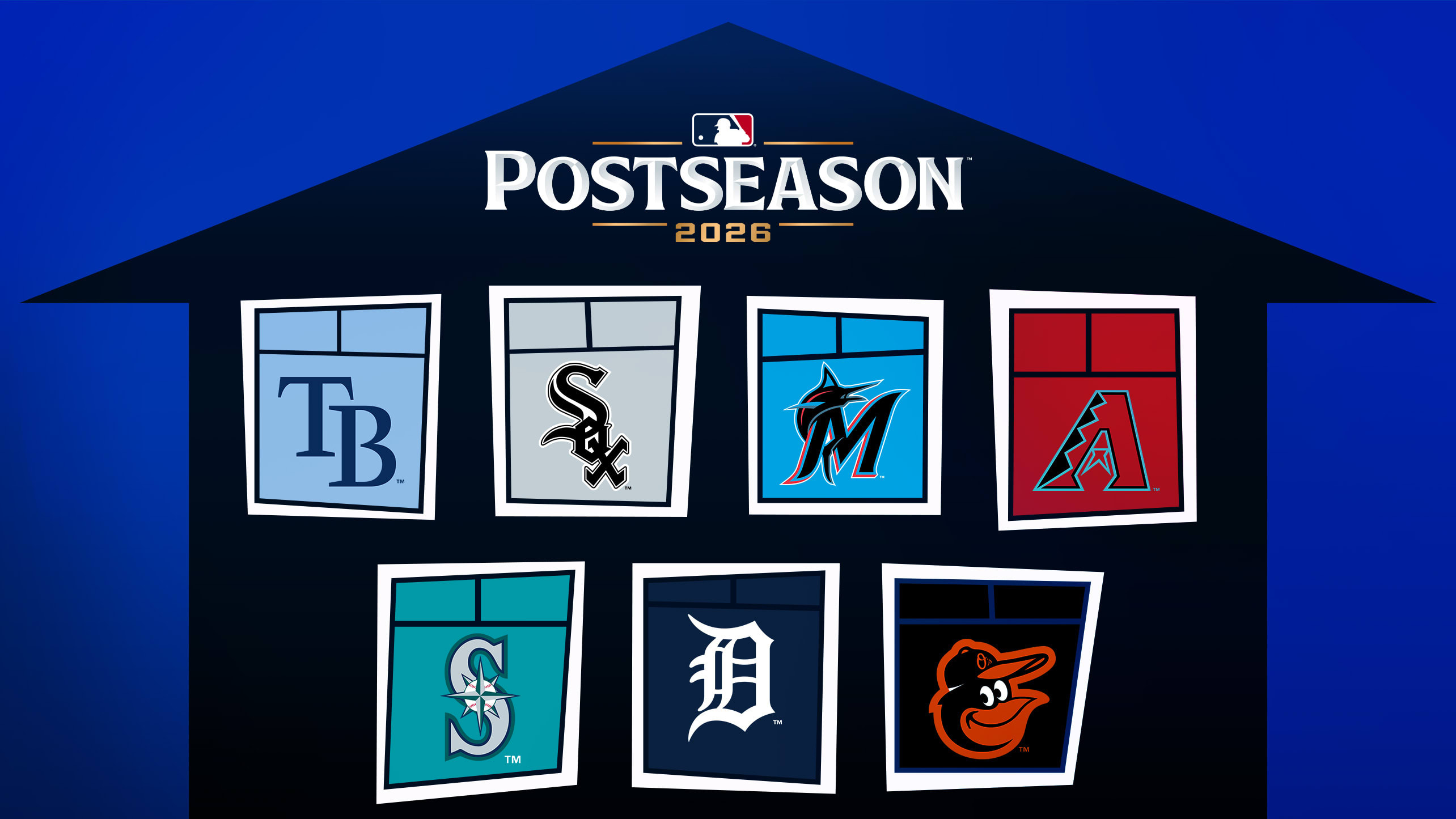 A designed image of a house with team logos behind each of seven windows