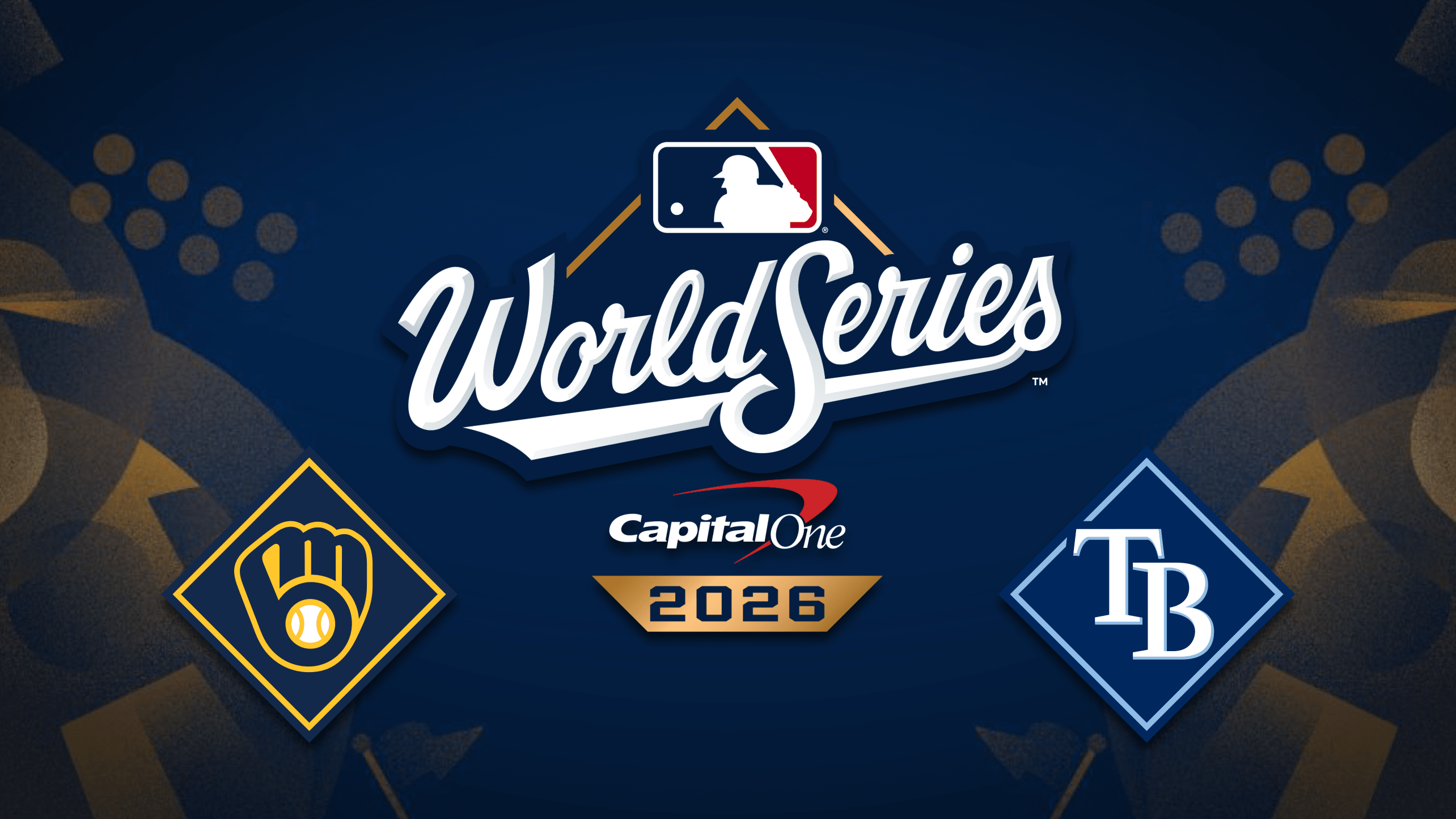 Logos for the World Series, the Brewers and the Rays