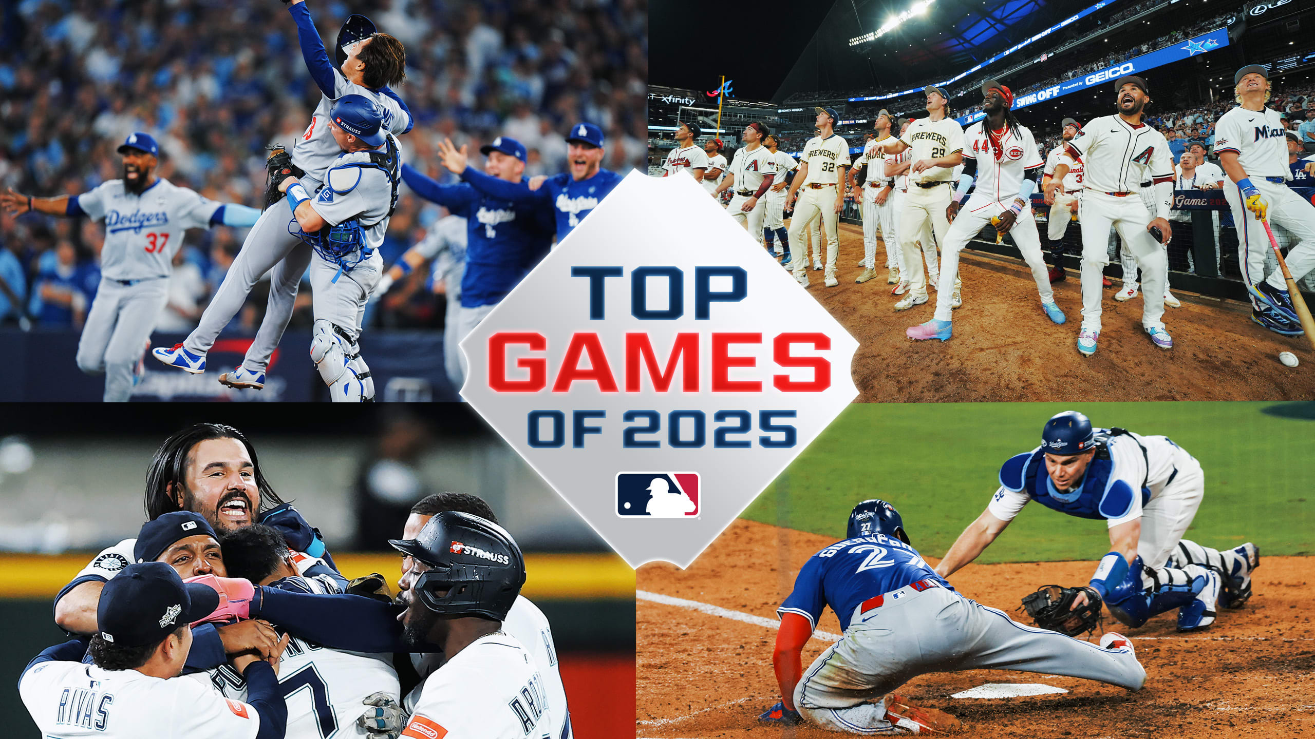 Images of the Dodgers, NL All-Stars and Mariners celebrating and a shot of a play at the plate in the World Series