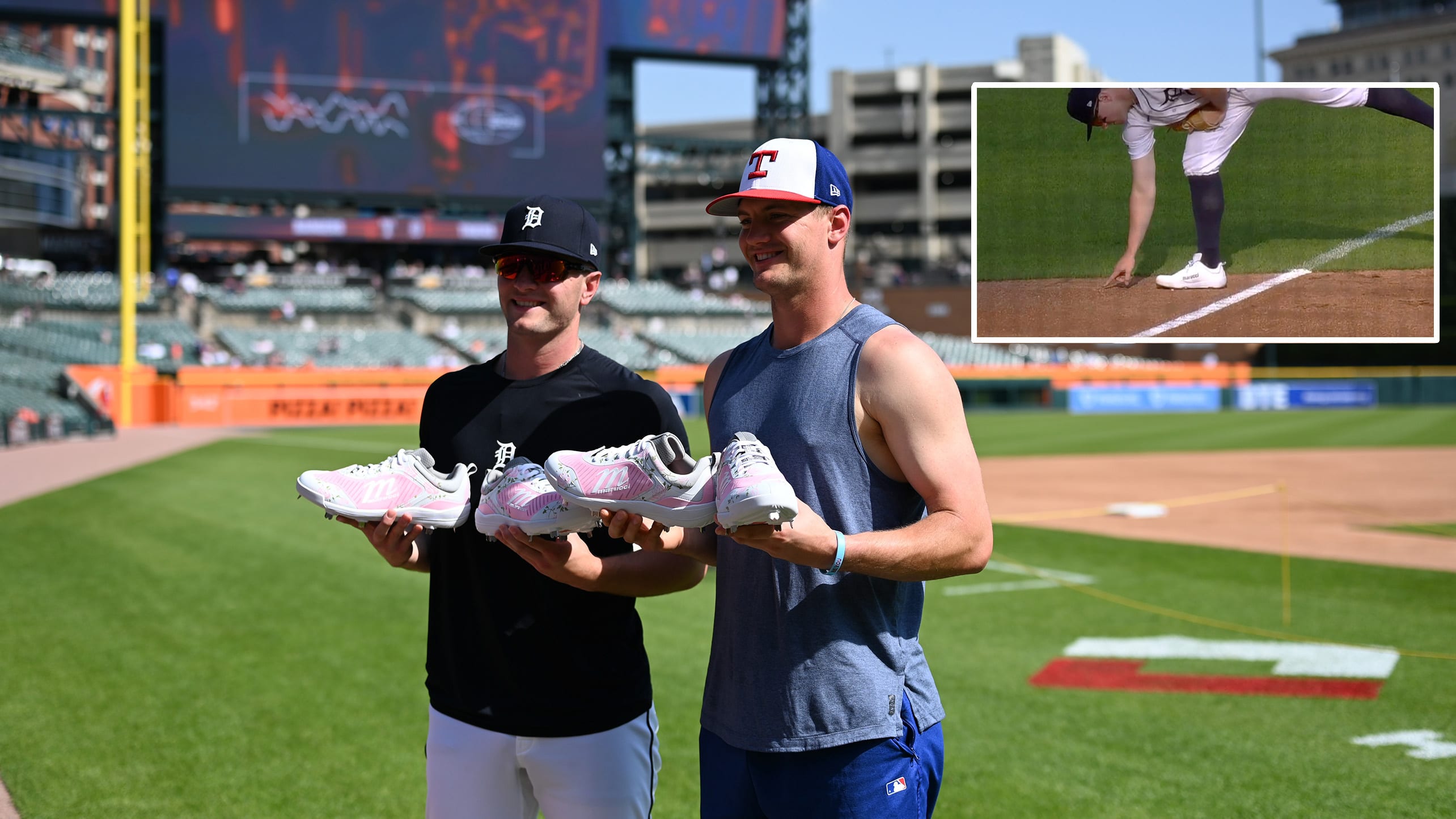 A photo of Jace and Josh Jung with an inset of Jace writing on the infield dirt with his finger
