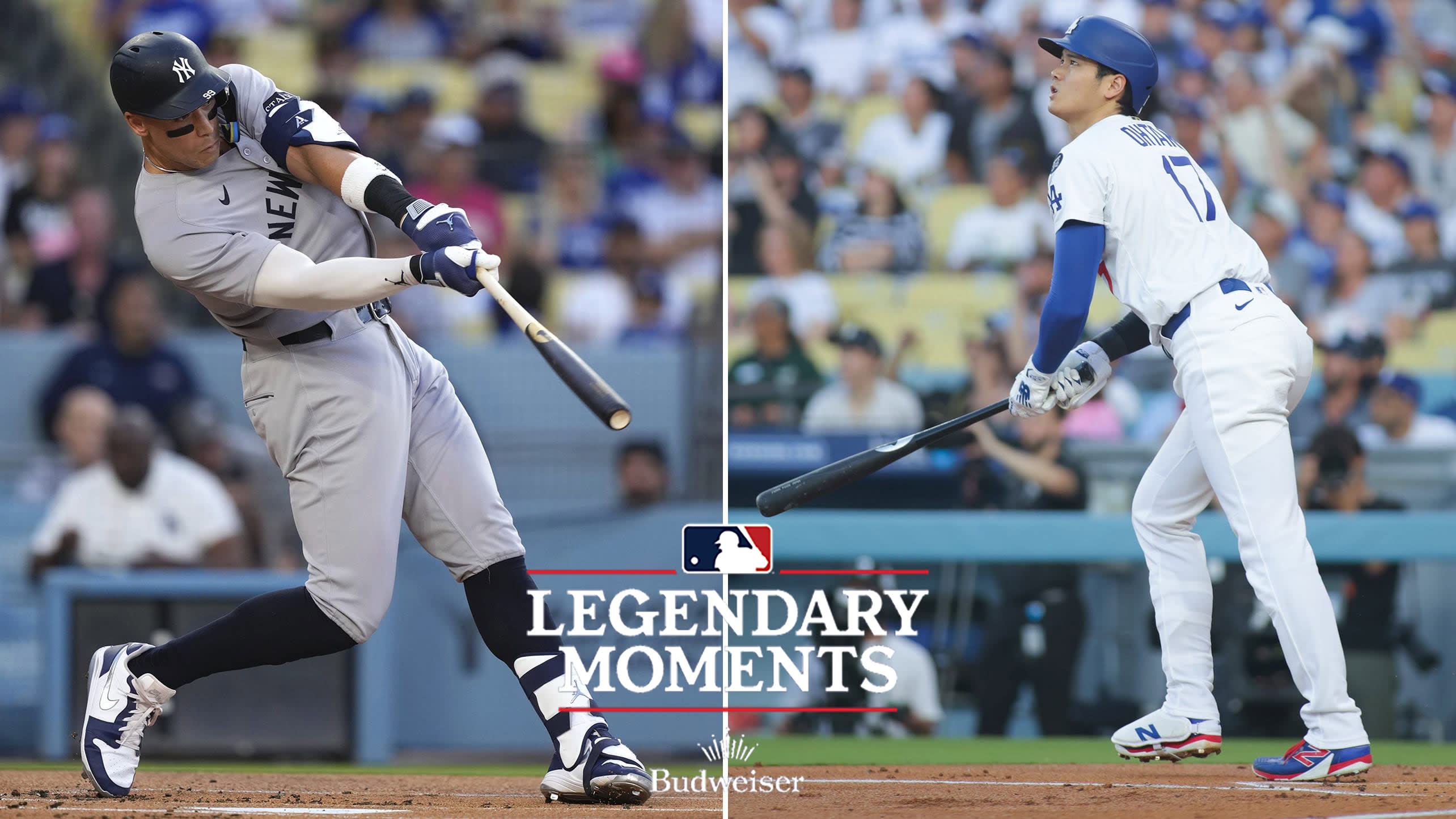 A split photo of Aaron Judge and Shohei Ohtani each hitting a home run