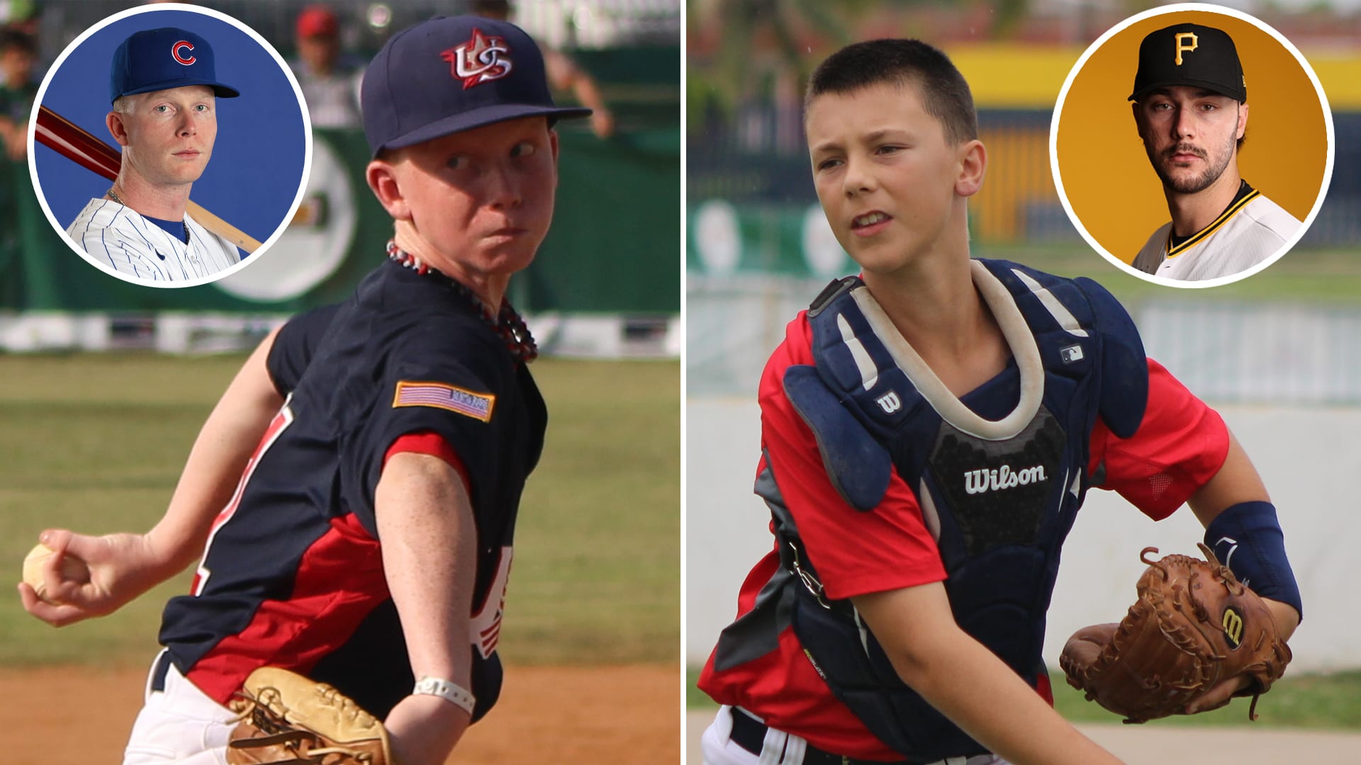 Images of Pete Crow-Armstrong and Paul Skenes as kids with insets of them as Major Leaguers