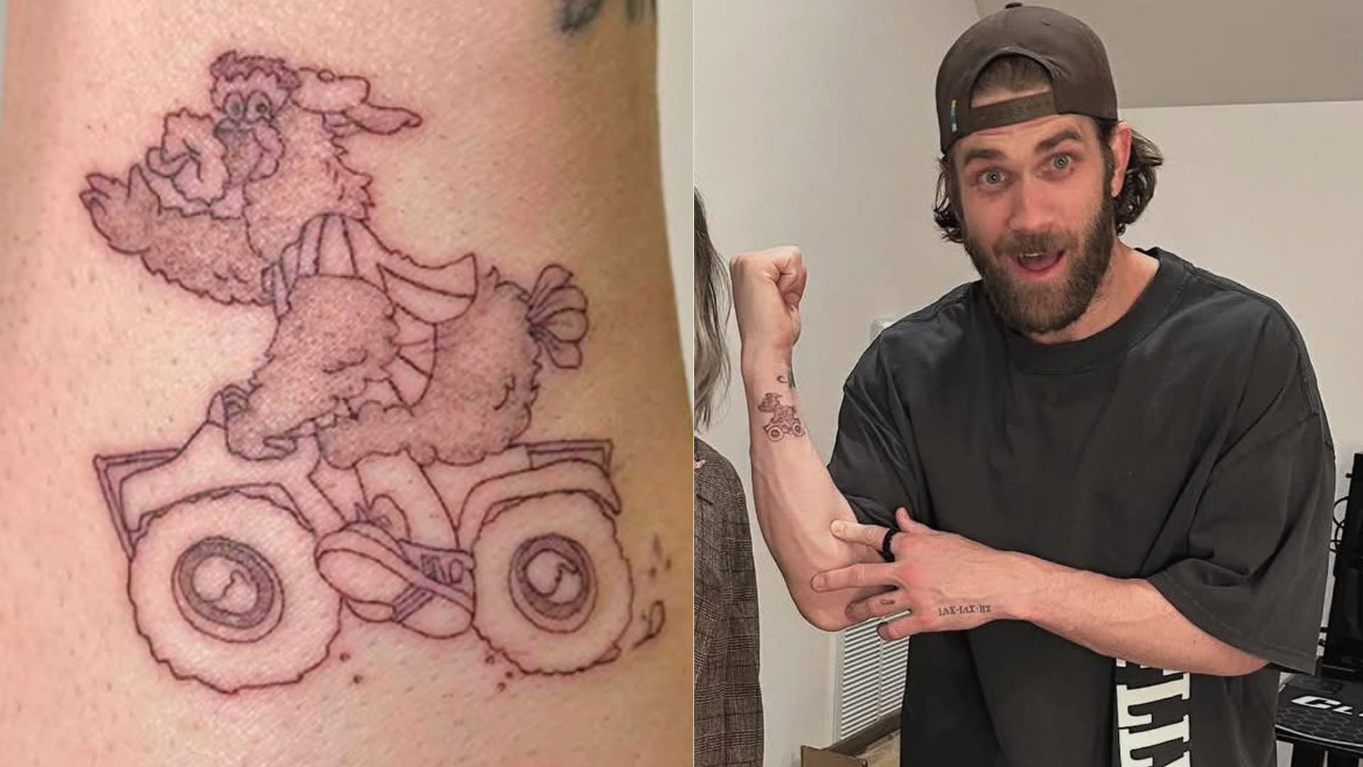 Bryce Harper shows off his Phillie Phanatic tattoo