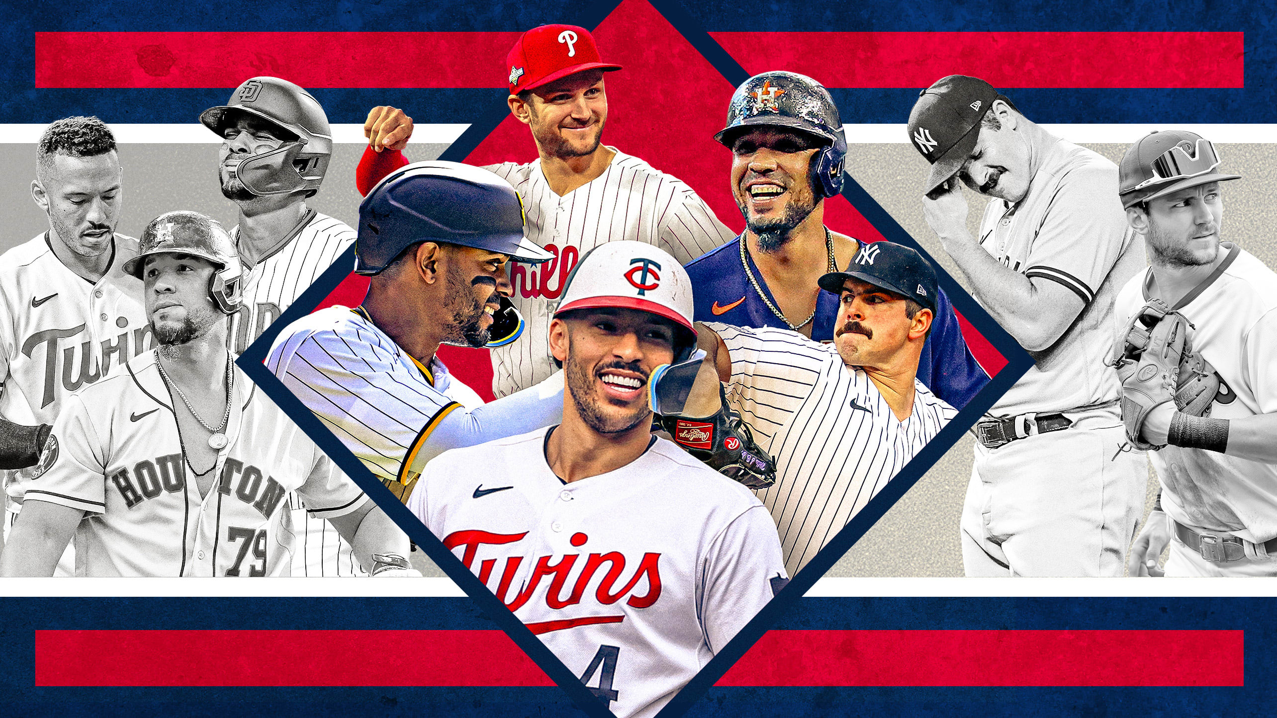 Various photos of Xander Bogaerts, Trea Turner, José Abreu, Carlos Rodón and Carlos Correa 