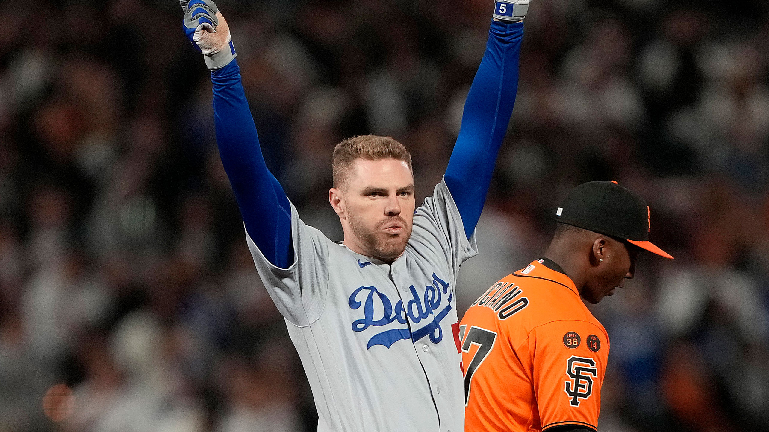 Freddie Freeman celebrates at second base