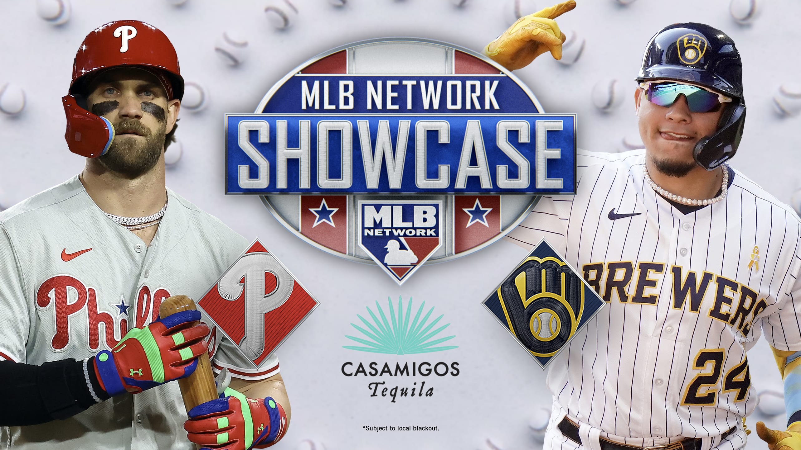 Bryce Harper and William Contreras with the MLB Network Showcase logo