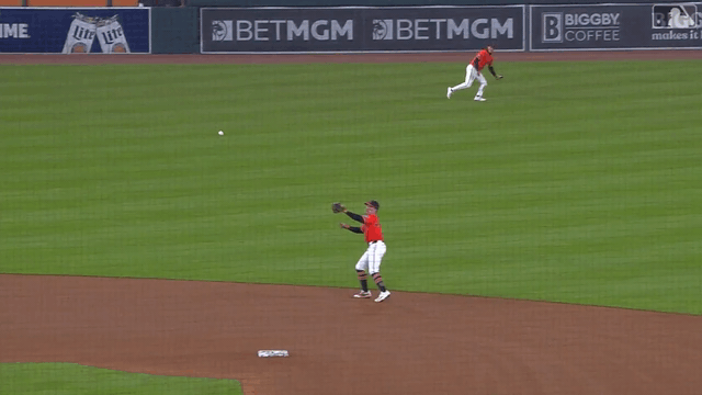 An animated gif of Kevin McGonigle making a leaping catch