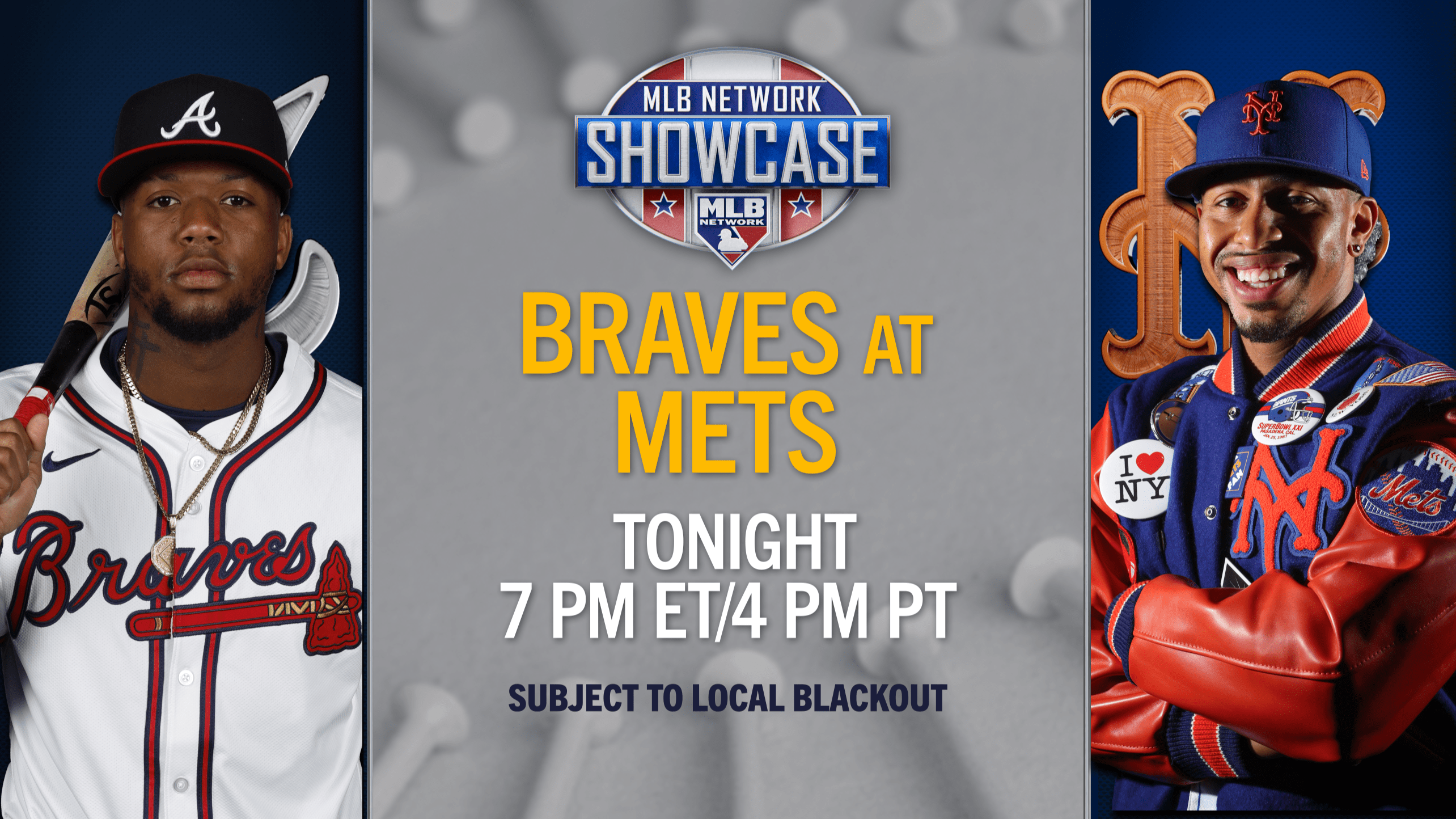 Photos of Ronald Acuña Jr. and Francisco Lindor with the MLB Network Showcase logo