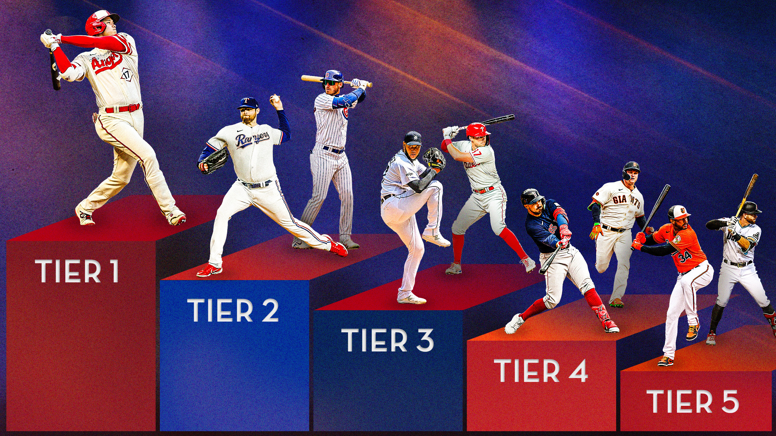 Nine players are pictured on five different platforms each representing a different tier of free agents