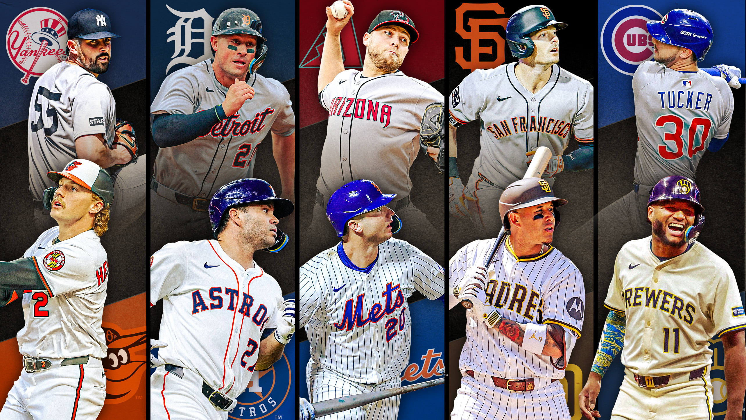 Images of 10 players with their team logos representing 5 series to watch this week