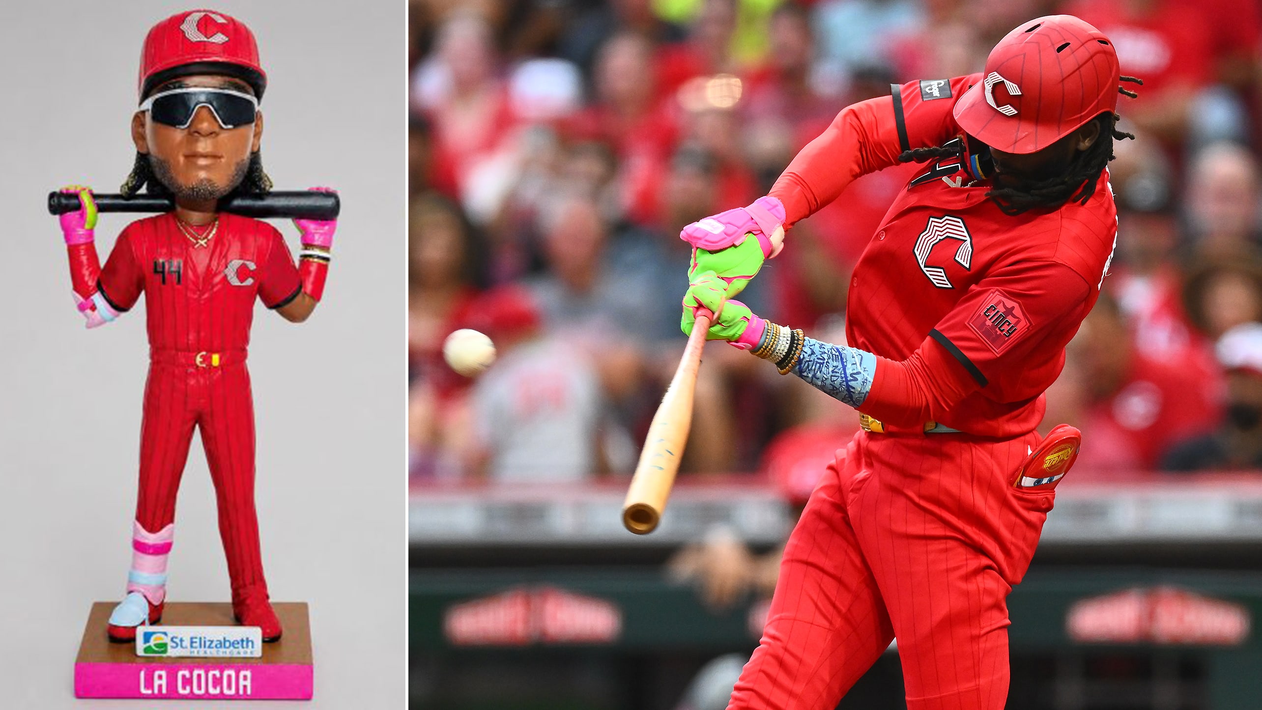 Images of an Elly De La Cruz bobblehead and De La Cruz hitting a home run