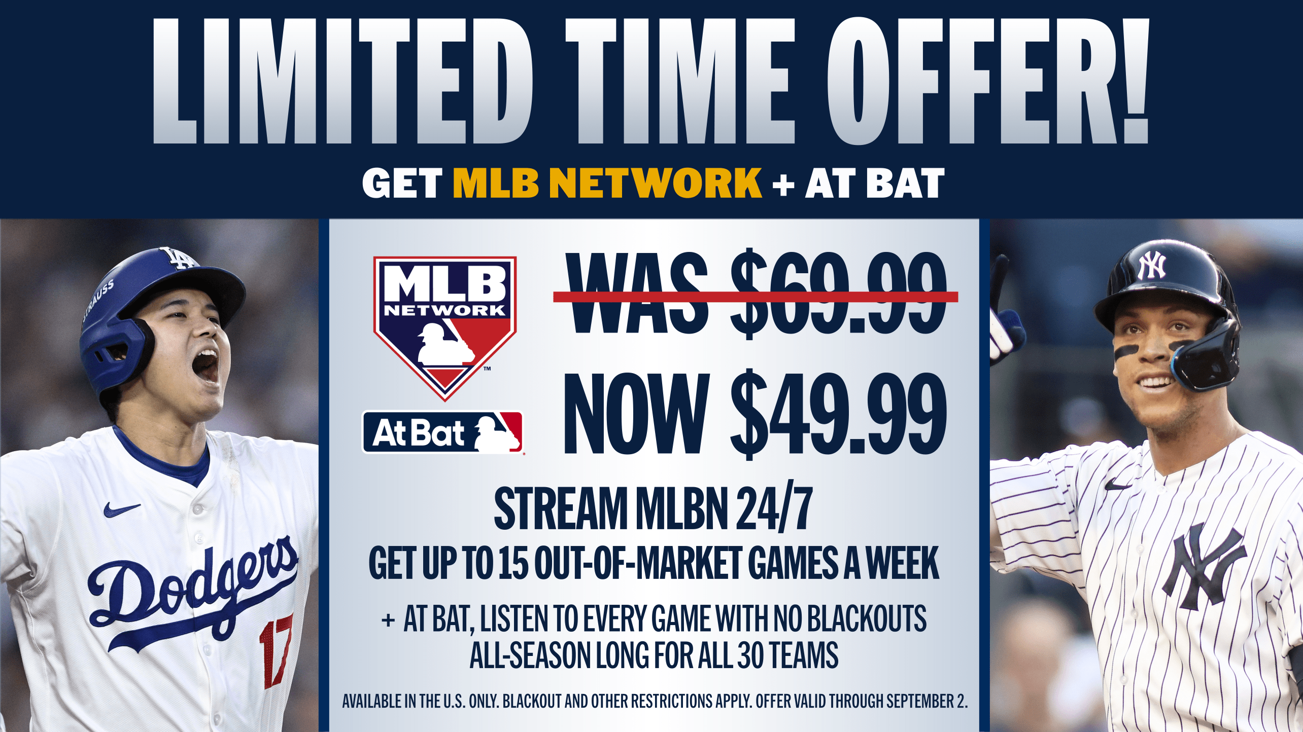 Images of Shohei Ohtani and Aaron Judge with text describing an MLB Network streaming subscription sale