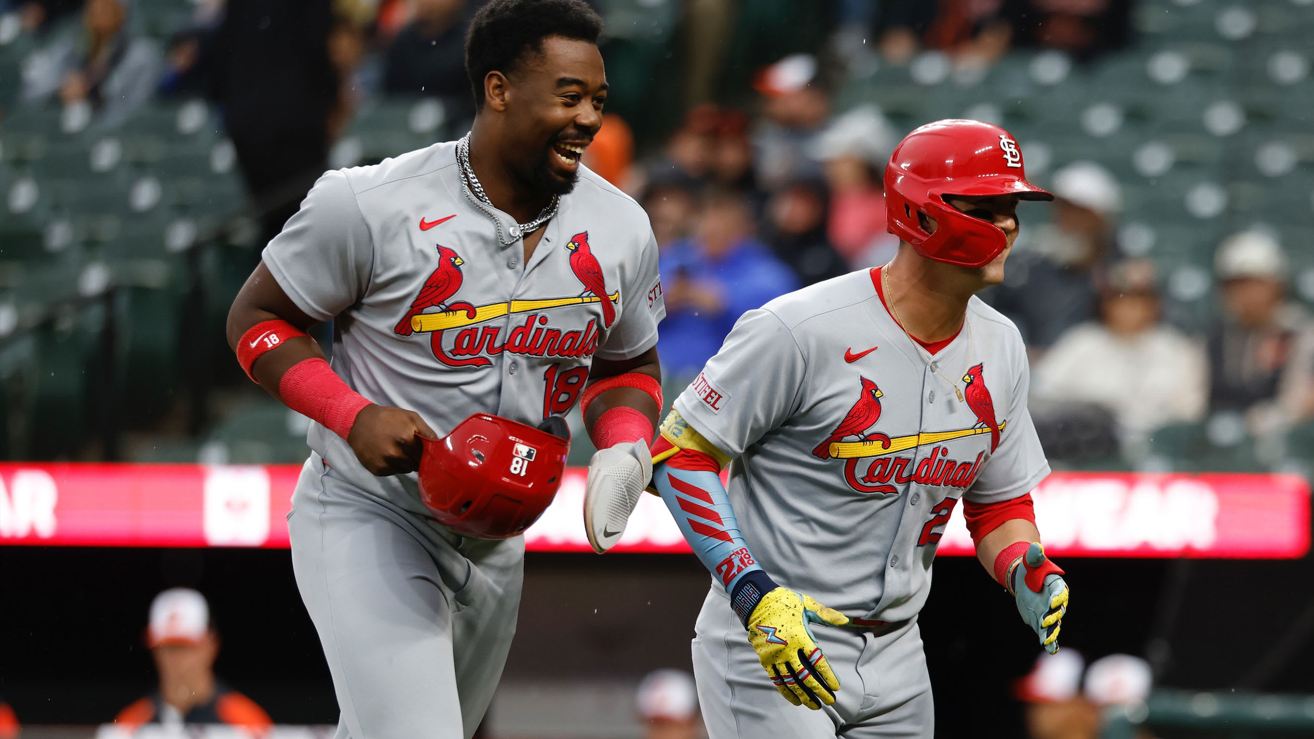 Jordan Walker and Lars Nootbaar after a Nootbaar home run