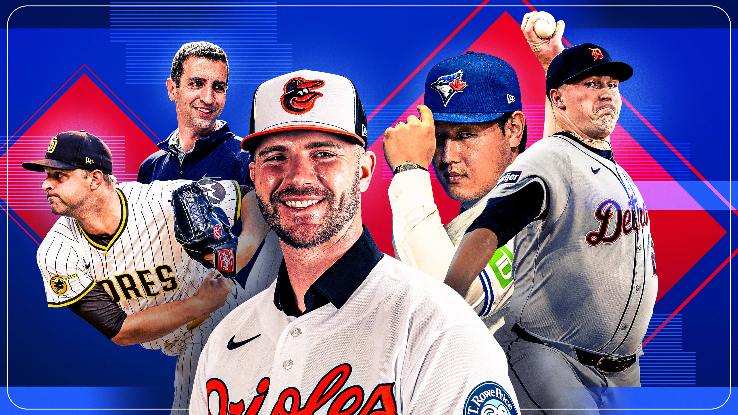 Michael King of the Padres, David Stearns of the Mets, Pete Alonso of the Orioles, Kazuma Okamoto of the Blue Jays and Tarik Skubal of the Tigers