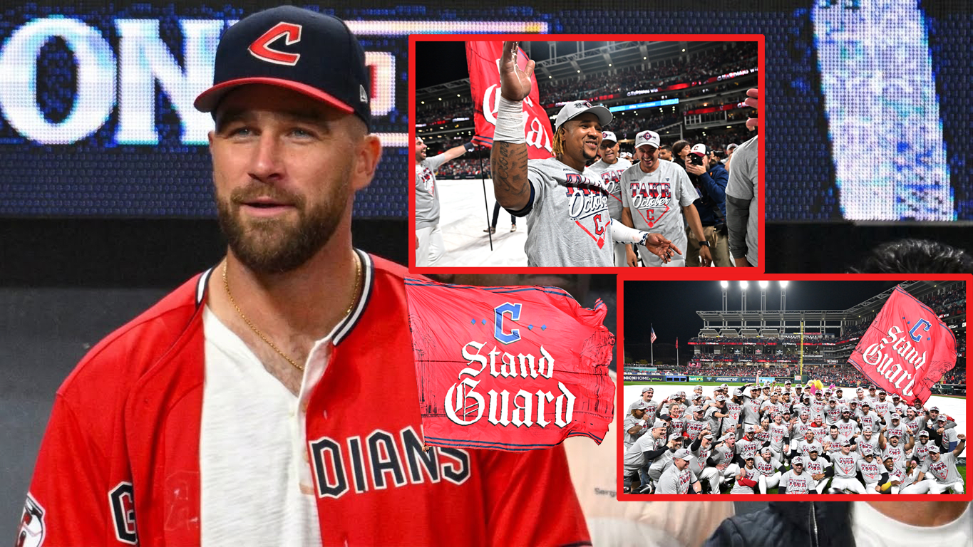 Travis Kelce and images of the Guardians celebrating their win
