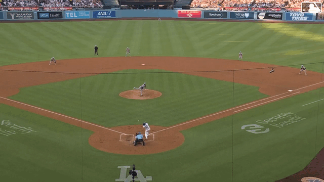 An animated GIF of Shohei Ohtani's line drive off Lance McCullers Jr.'s cleat