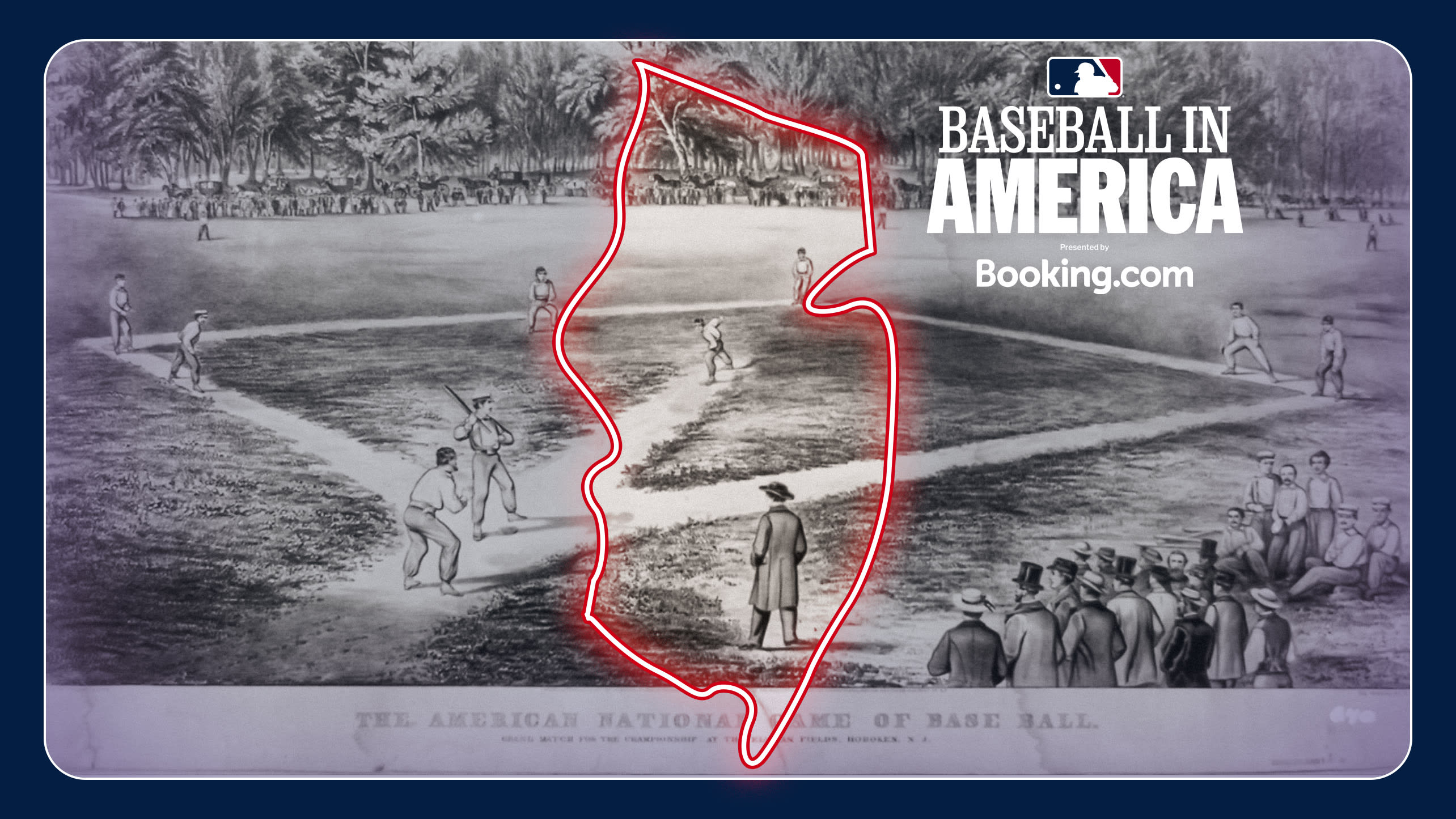 A rough neon outline of New Jersey over an image of a drawing of an 1846 baseball game