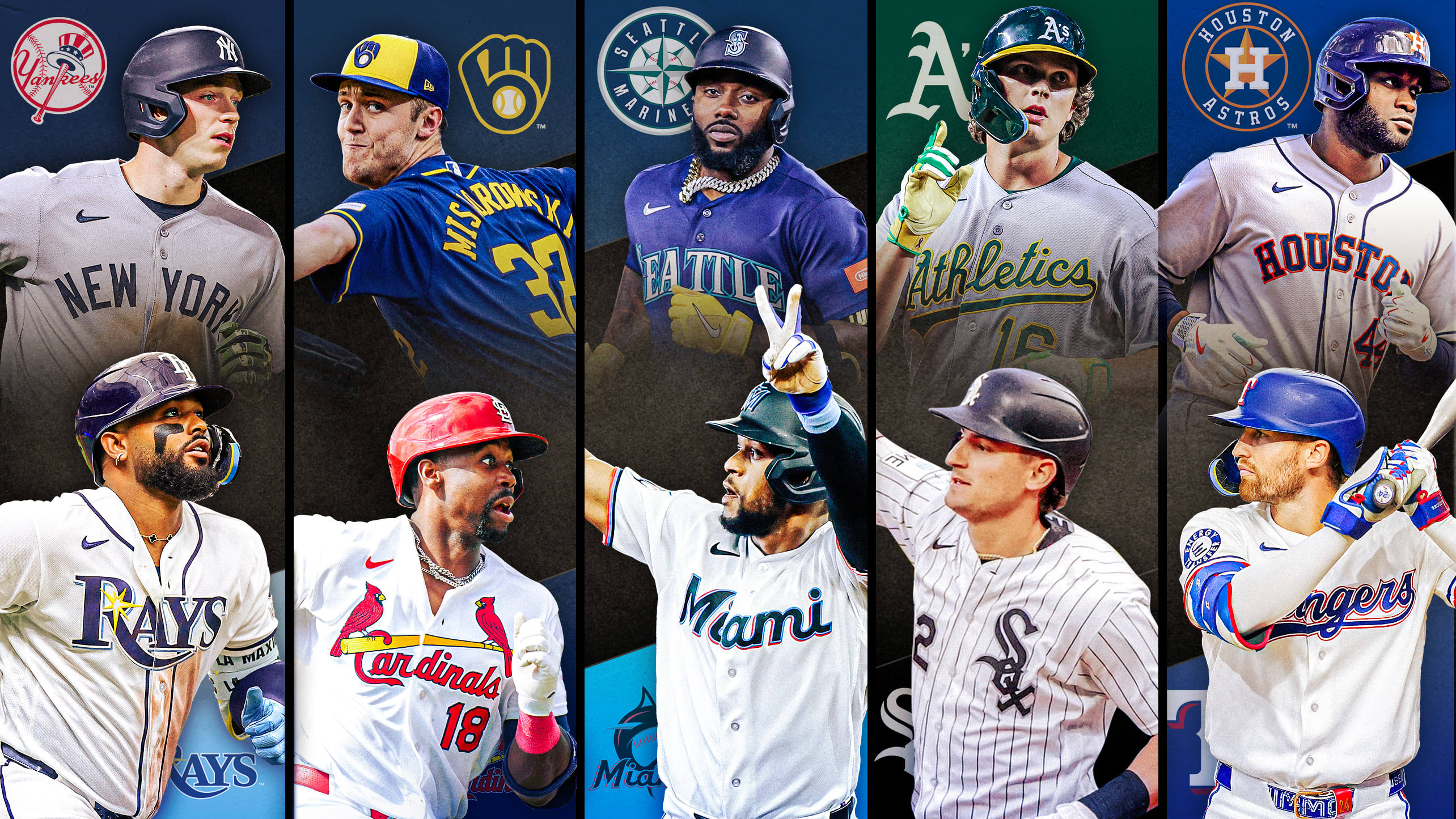 Images of 10 players with their team logos behind them, representing 5 series to watch this week
