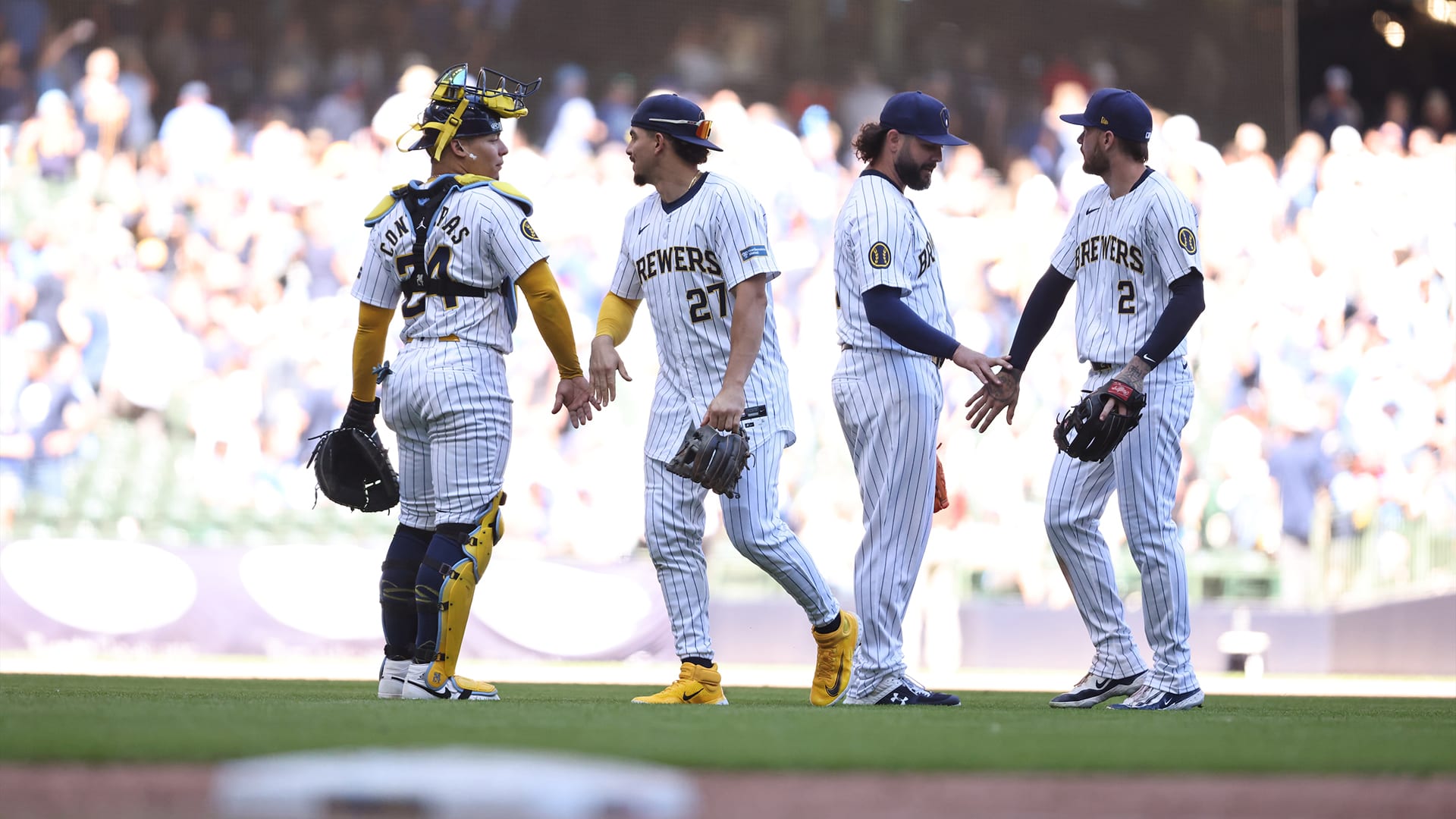 The Brewers celebrate after a victory