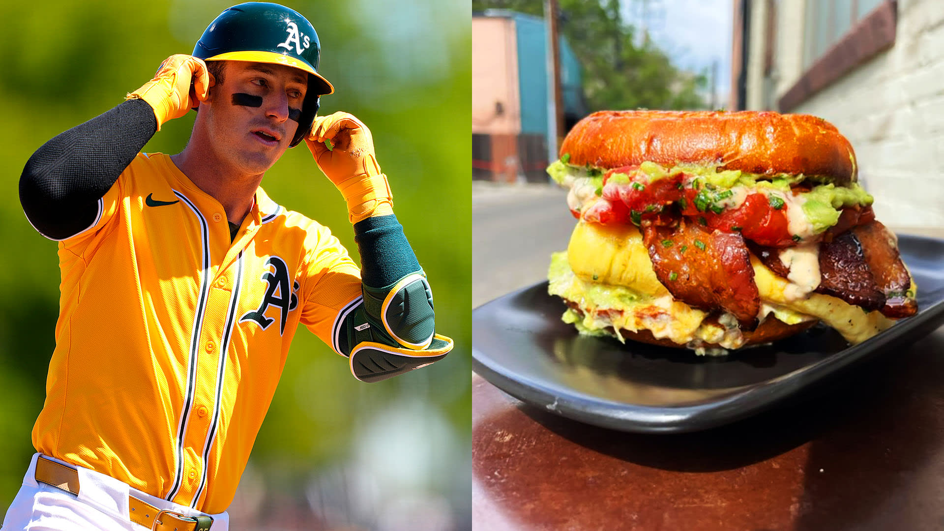Side-by-side images of the Athletics' Brent Rooker and the loaded bagel breakfast sandwich named after him