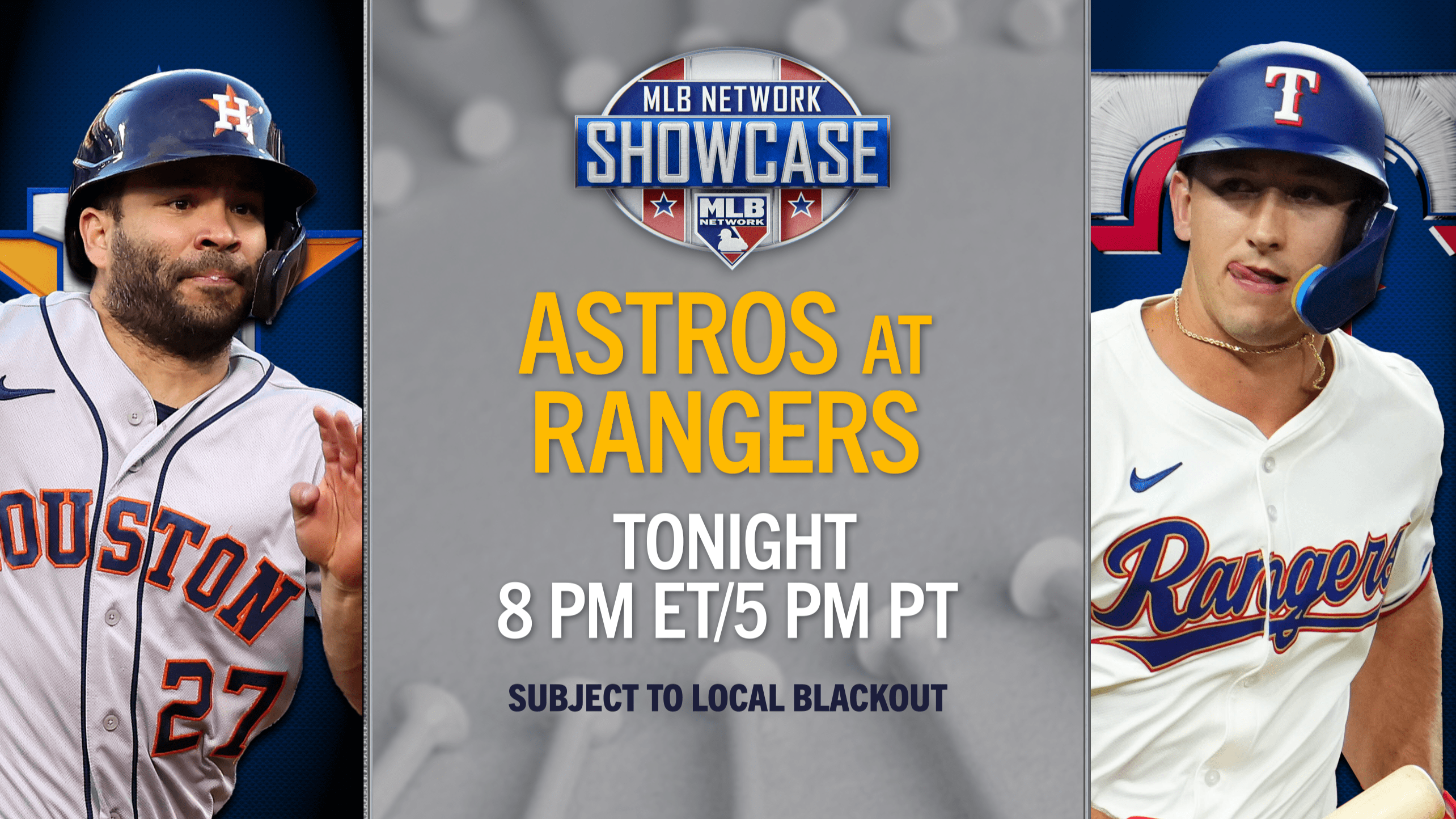 The Astros and Rangers meet in the Lone Star Series at 8 p.m. ET in the MLB Network Showcase