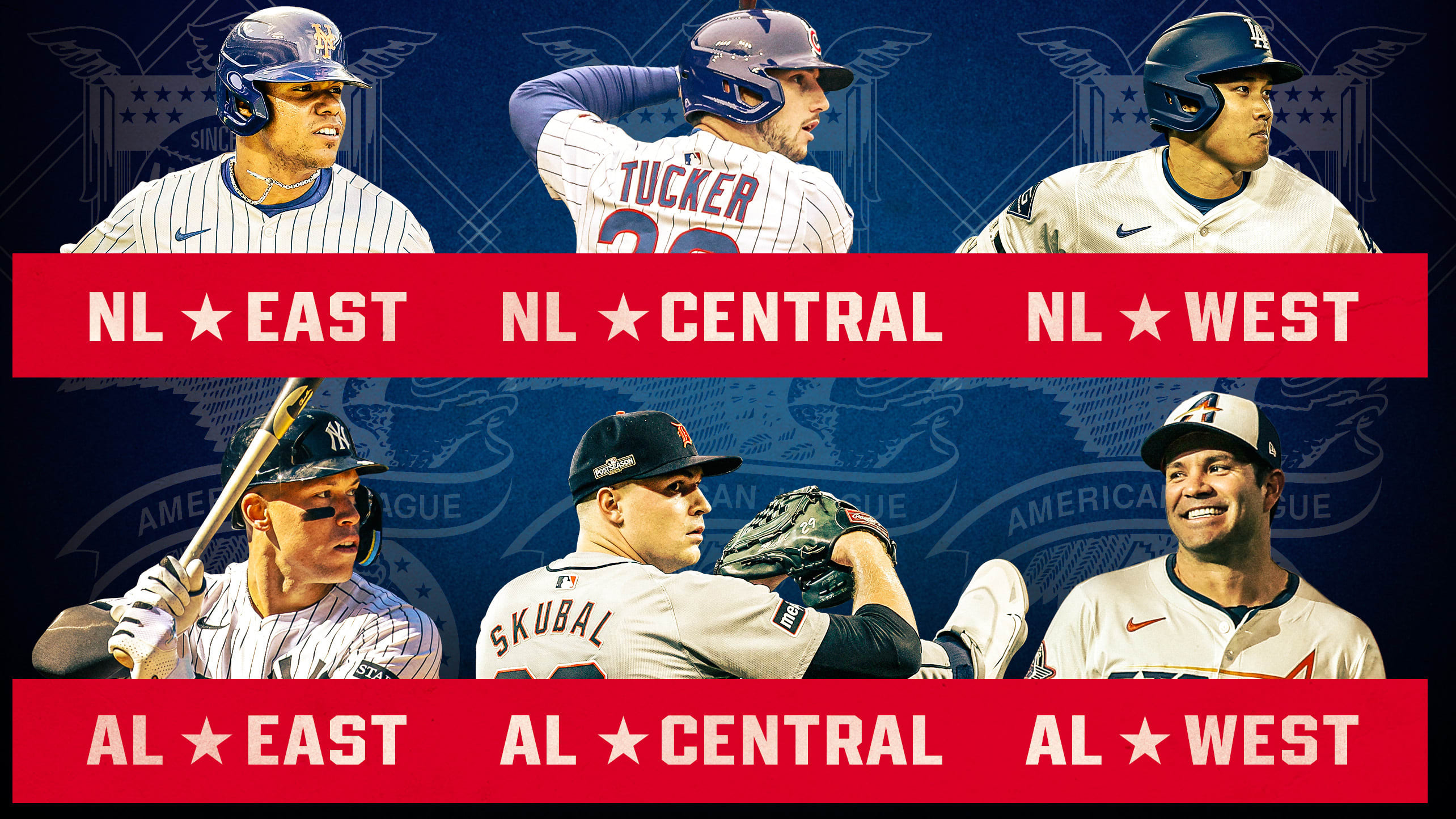 A star to represent each division: Juan Soto, Kyle Tucker, Shohei Ohtani, Aaron Judge, Tarik Skubal and Jose Altuve
