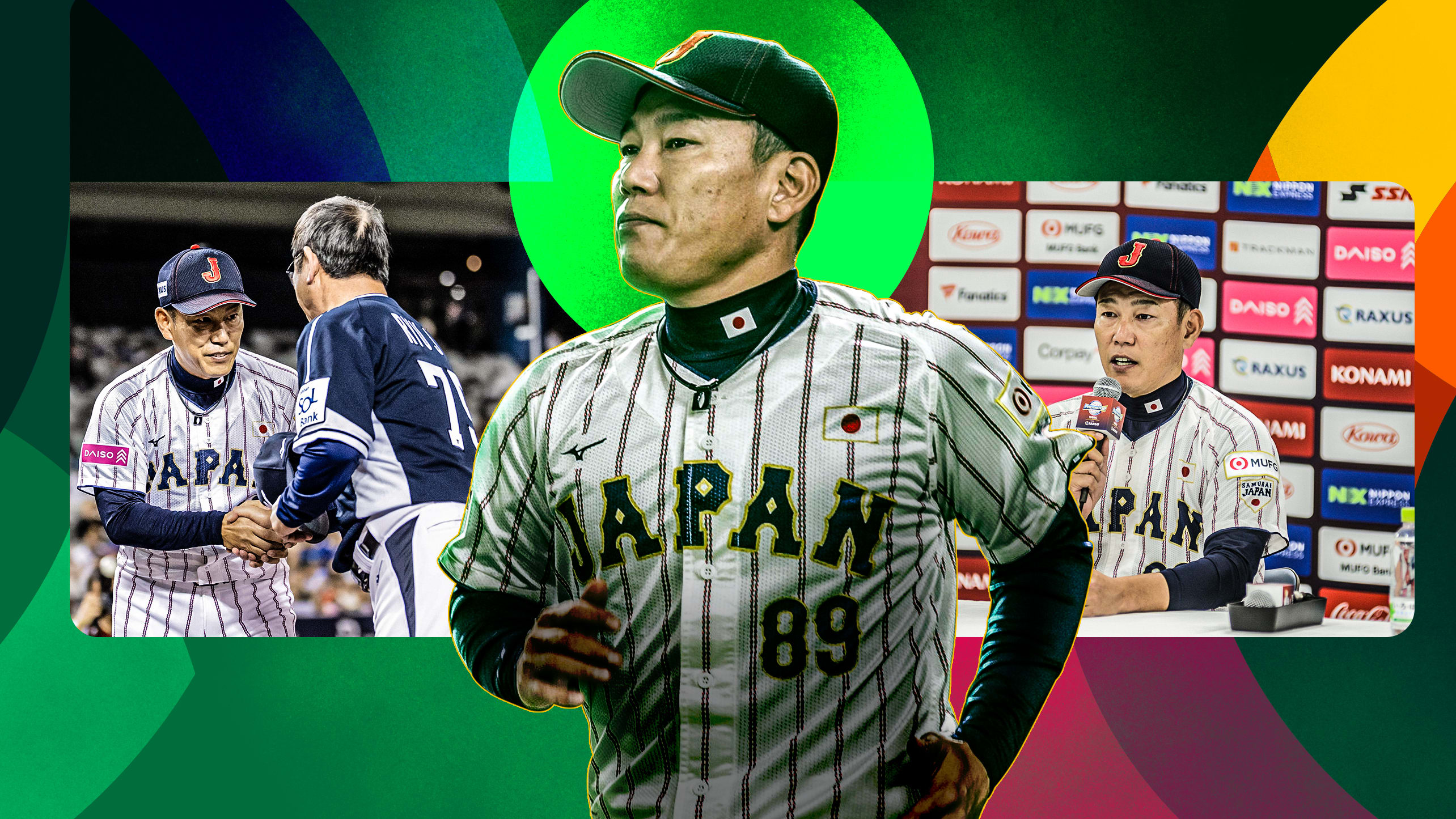 Three images of Japan World Baseball Classic manager Hirokazu Ibata