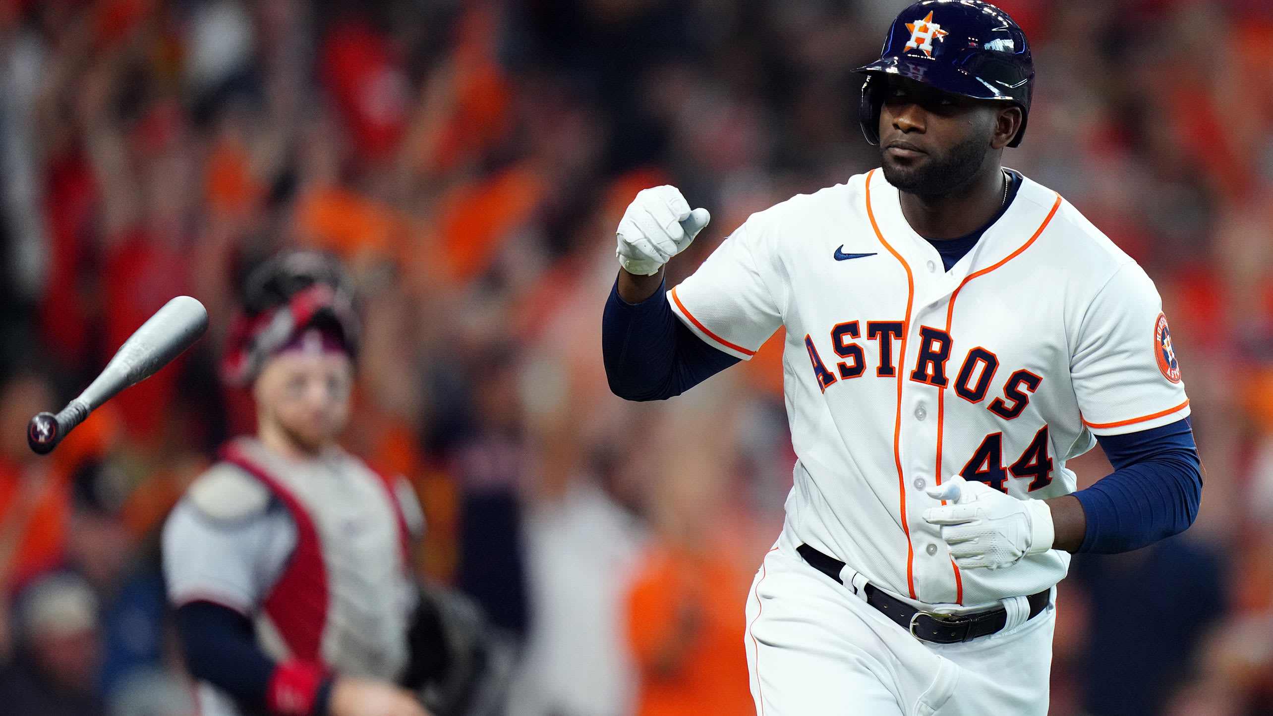 Yordan Alvarez tosses his bat aside after hitting a home run