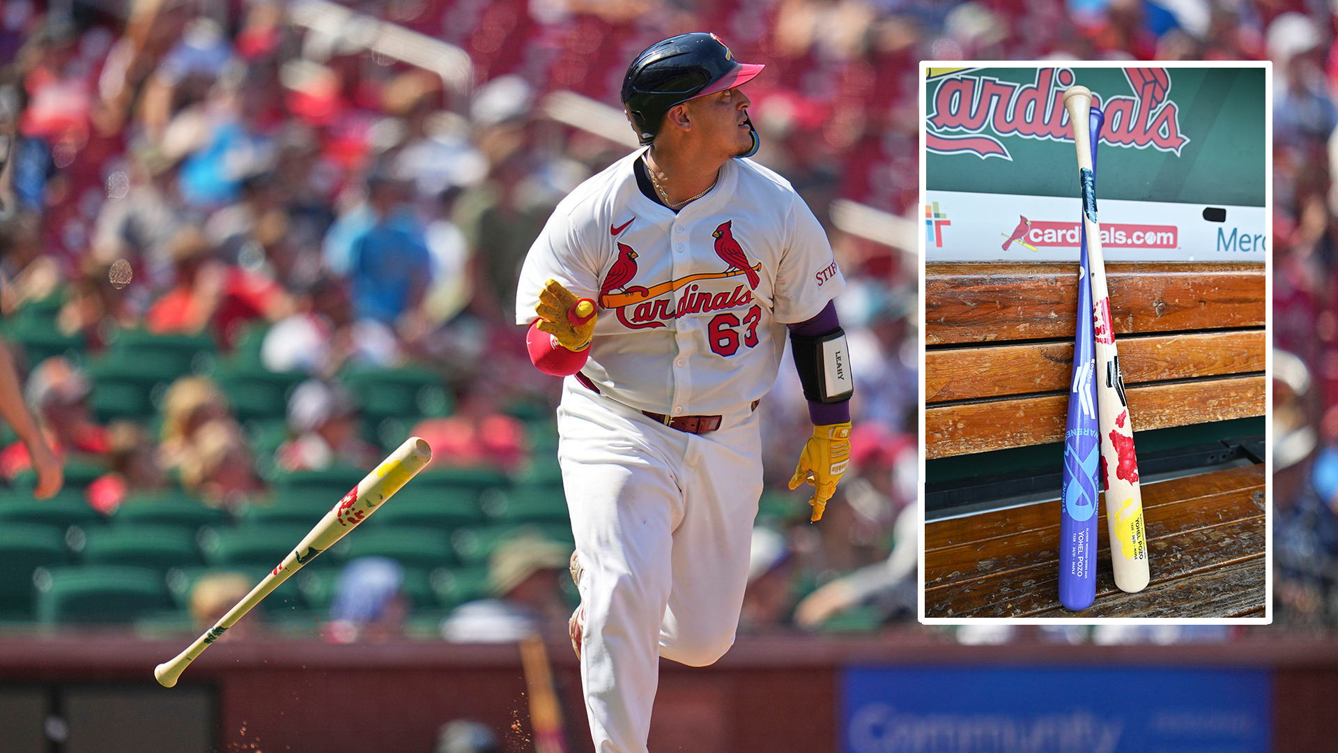 An image of Yohel Pozo homering with an inset of his custom bats