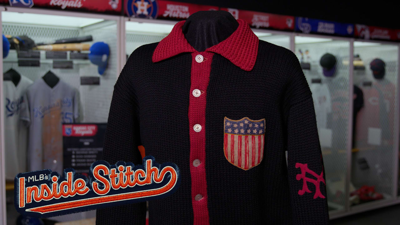 A cardigan sweater is displayed next to the MLB Inside Stitch logo