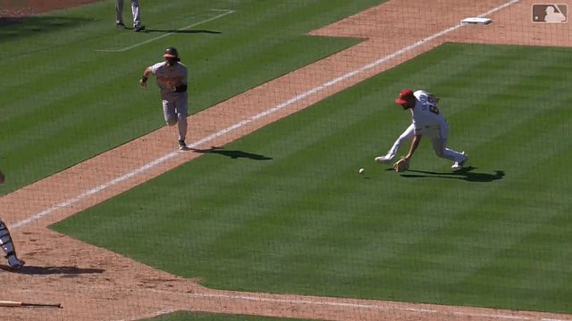 An animated gif of Angels pitcher Chase Silseth flipping the ball with his glove to catcher Logan O'Hoppe for an out at the plate